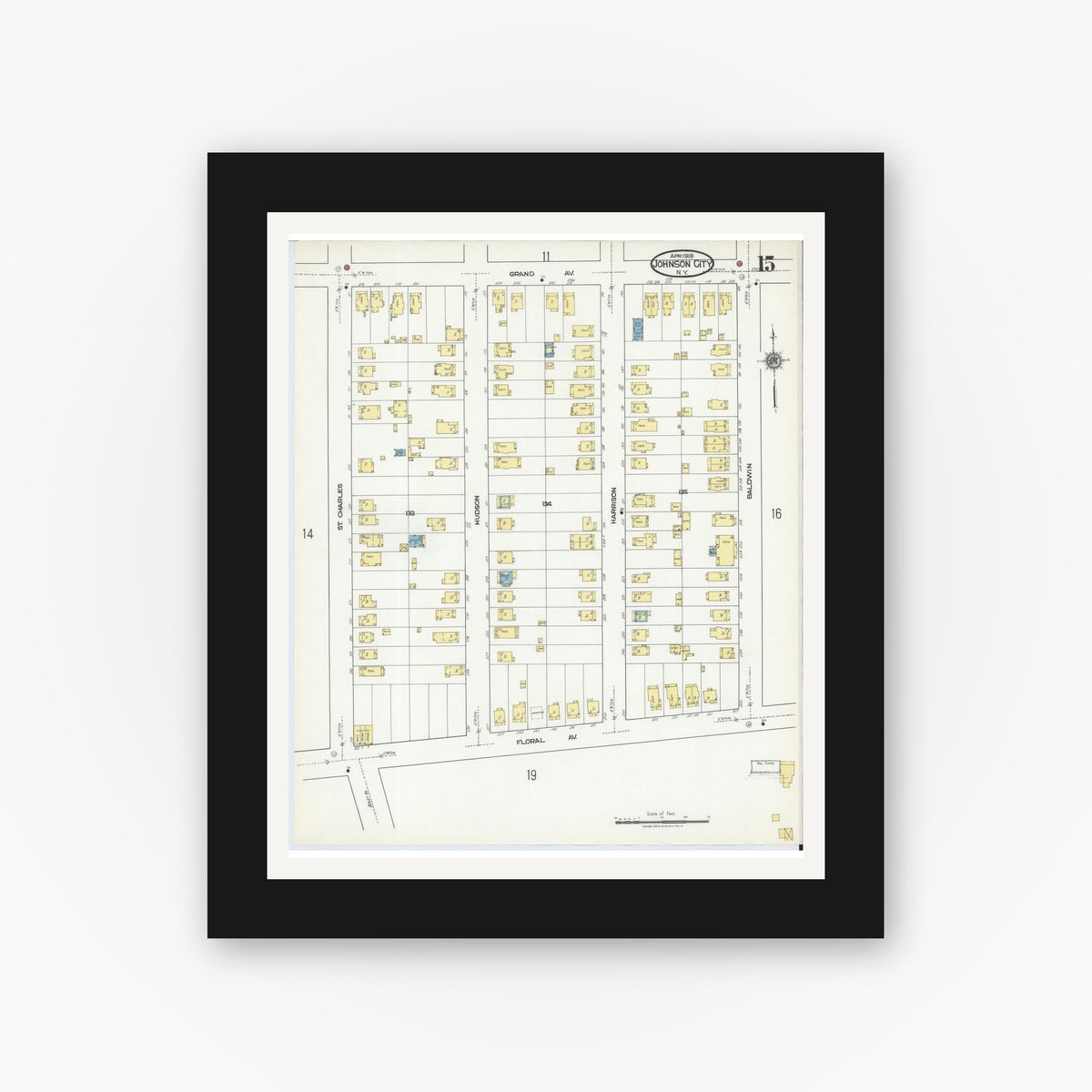 Old map wall art mockup — black gallery frame with white mat — Sanborn Fire Insurance Map from Johnson City, Broome County, New York (1918), Sheet #0015