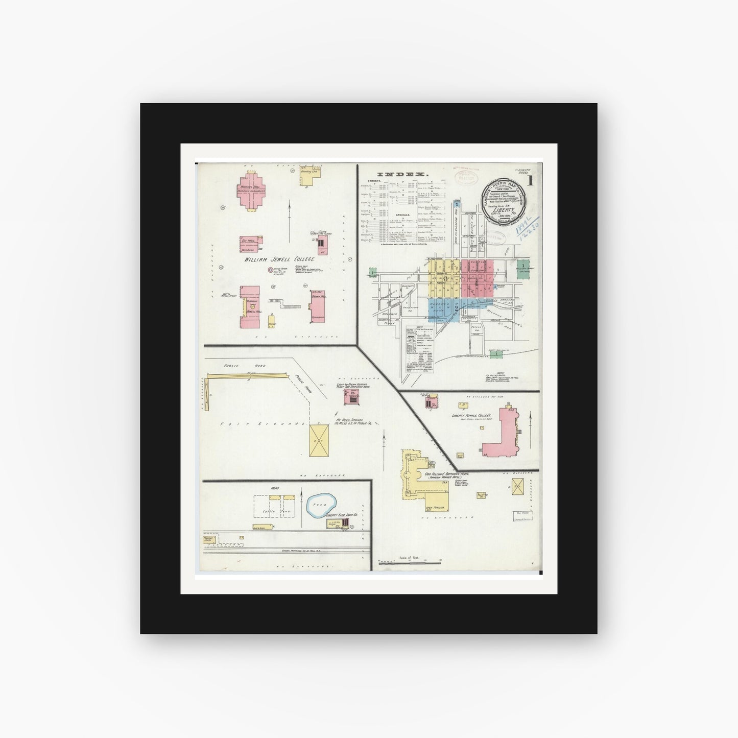 Old map wall art mockup — black gallery frame with white mat — Sanborn Fire Insurance Map from Liberty, Clay County, Missouri (1899) - Complete Map Set