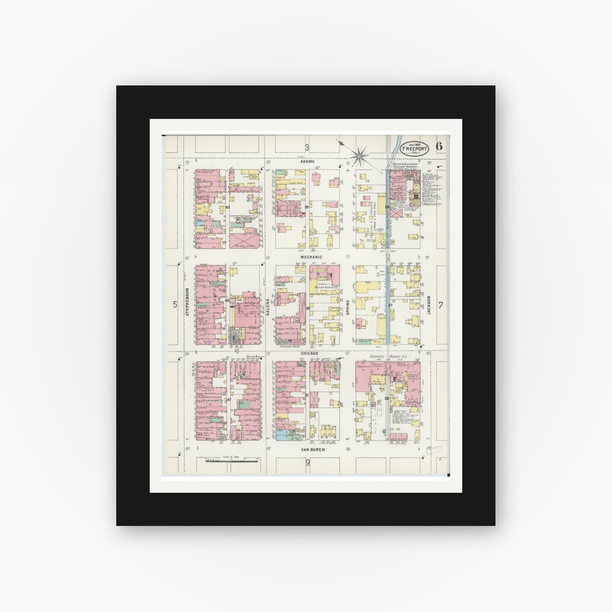 Old map wall art mockup — black gallery frame with white mat — Sanborn Fire Insurance Map from Freeport, Stephenson County, Illinois (1897), Sheet #0006