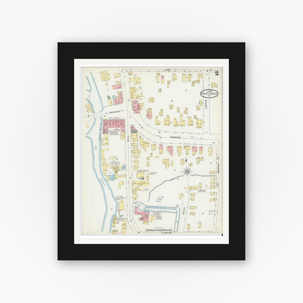 Old map wall art mockup — black gallery frame with white mat — Sanborn Fire Insurance Map from Fayetteville, Onondaga County, New York (1896), Sheet #0002