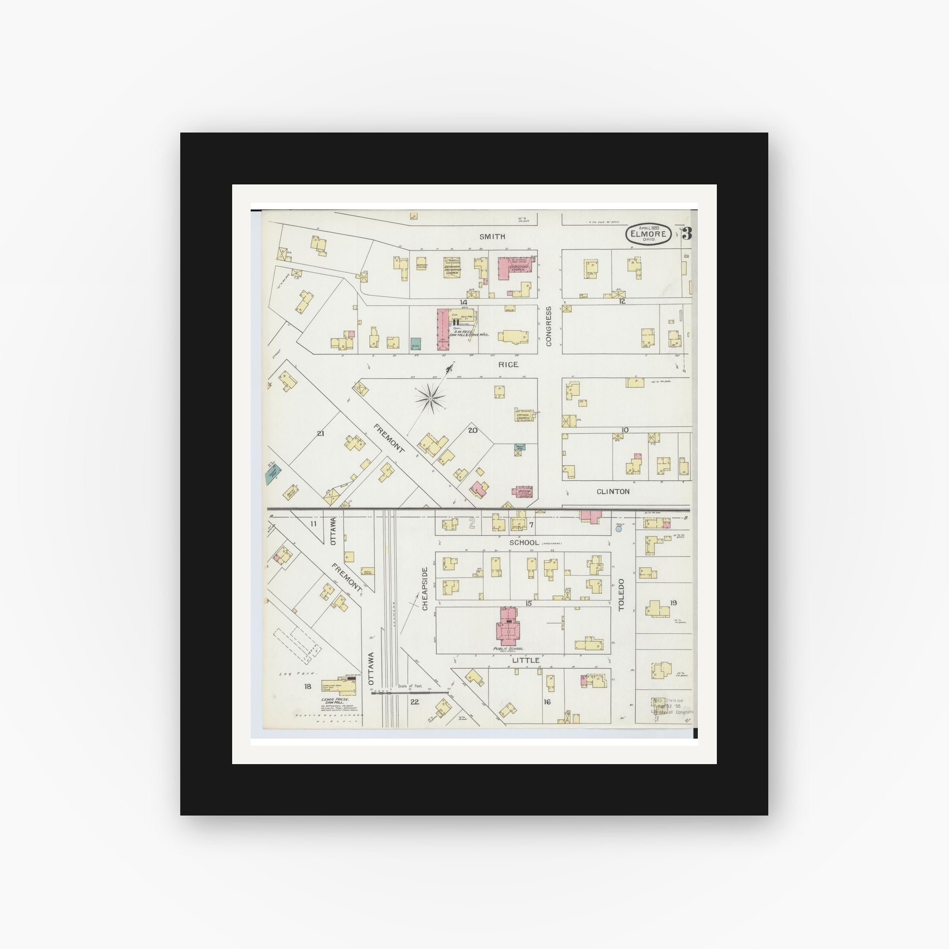 Old map wall art mockup — black gallery frame with white mat — Sanborn Fire Insurance Map from Elmore, Ottawa County, Ohio (1893), Sheet #0003