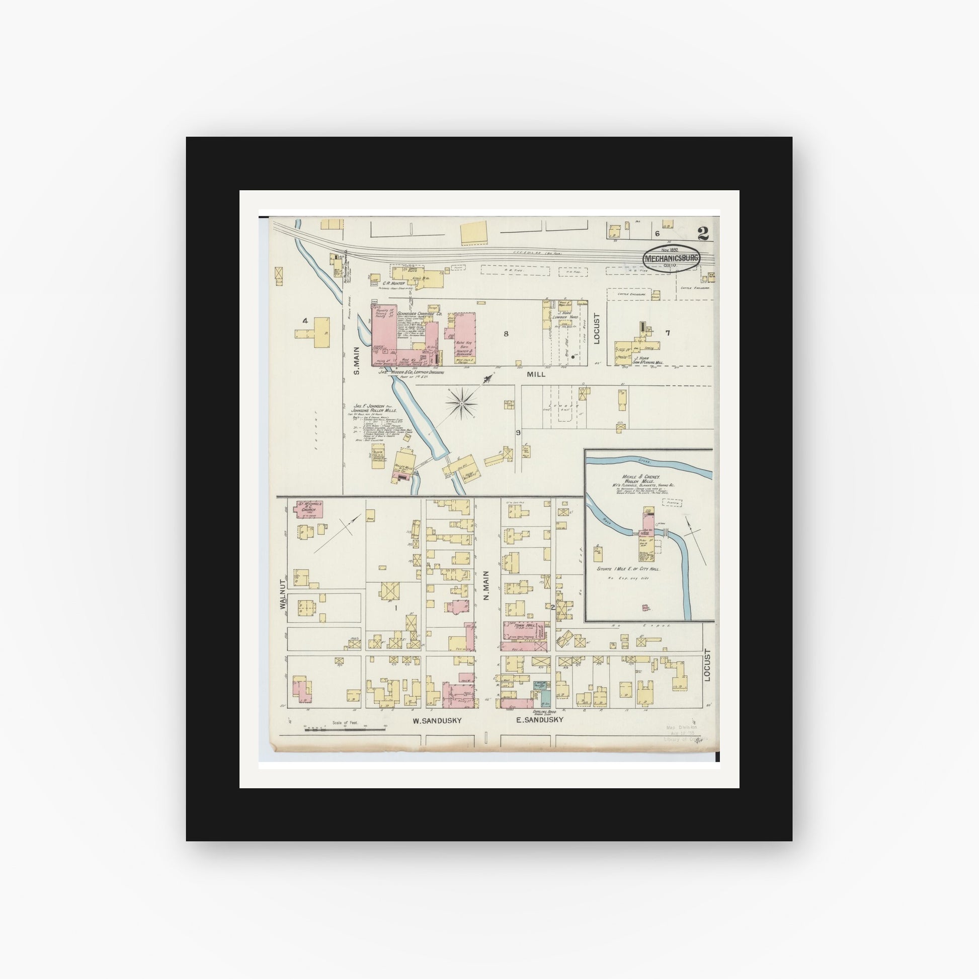 Old map wall art mockup — black gallery frame with white mat — Sanborn Fire Insurance Map from Mechanicsburg, Champaign County, Ohio (1892), Sheet #0002