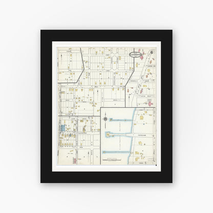 Old map wall art mockup — black gallery frame with white mat — Sanborn Fire Insurance Map from Clearwater, Pinellas County, Florida (1917), Sheet #0006
