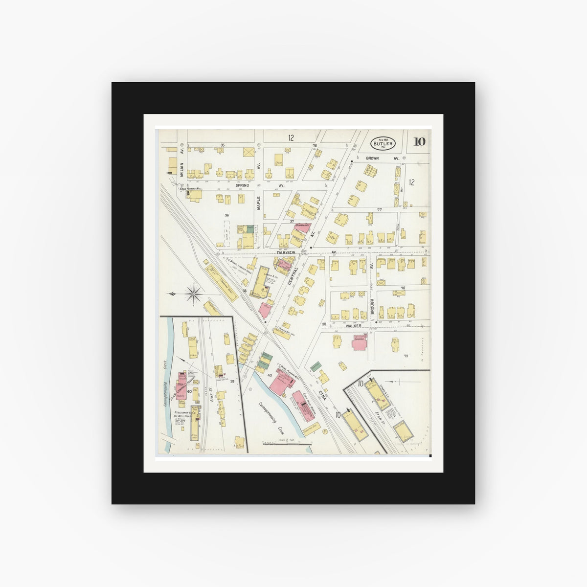 Old map wall art mockup — black gallery frame with white mat — Sanborn Fire Insurance Map from Butler, Butler County, Pennsylvania (1901), Sheet #0010