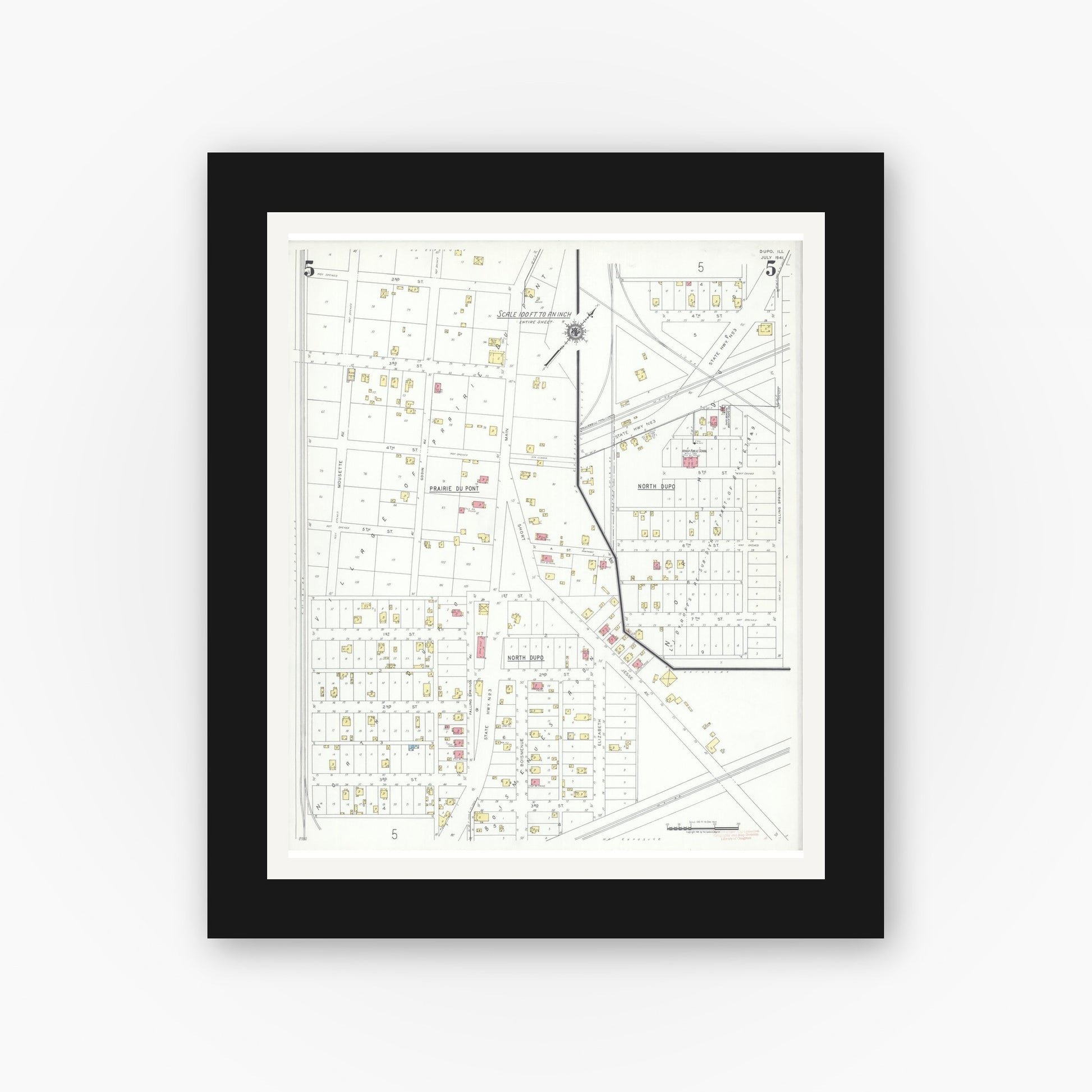 Old map wall art mockup — black gallery frame with white mat — Sanborn Fire Insurance Map from Dupo, Saint Clair County, Illinois (1941), Sheet #0005