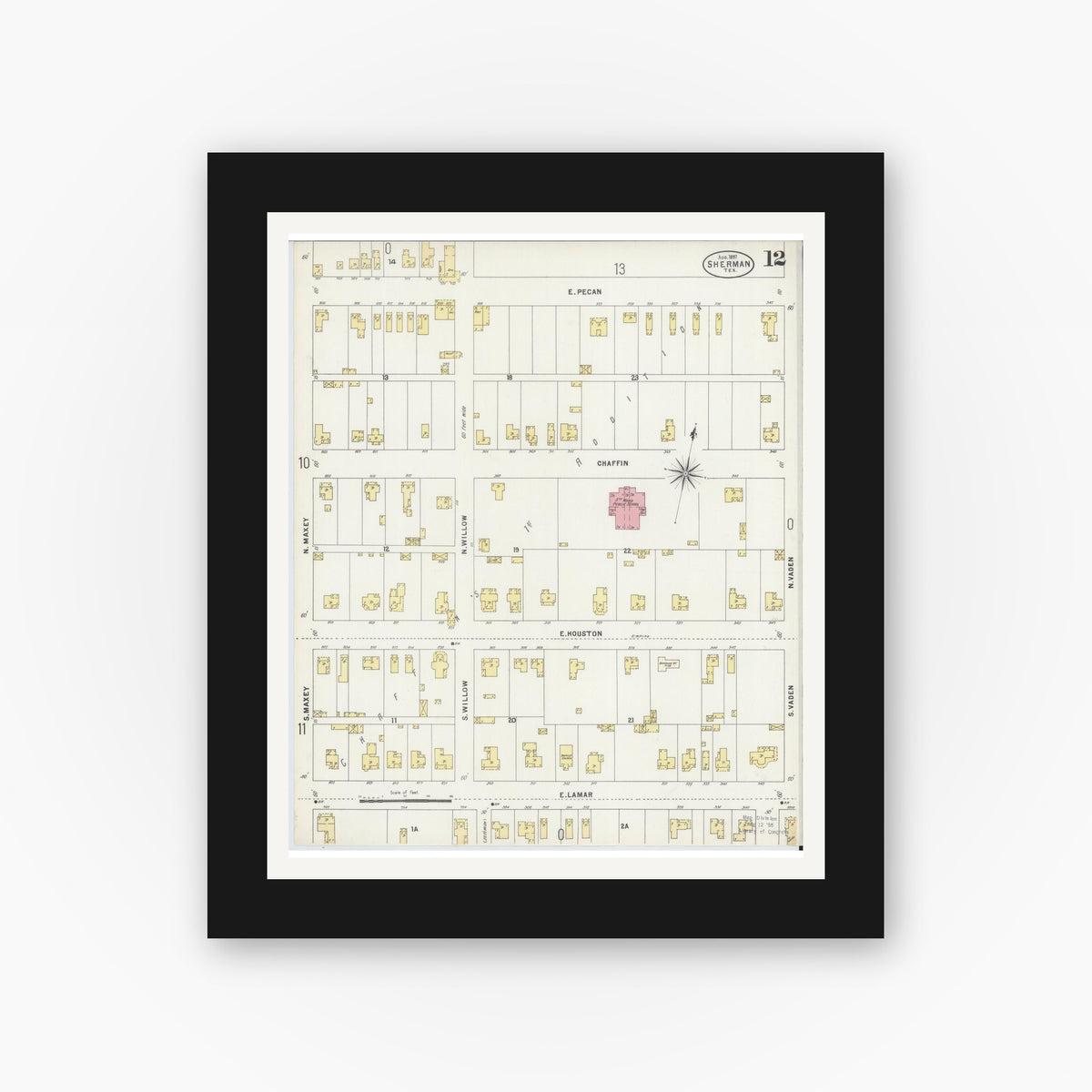 Old map wall art mockup — black gallery frame with white mat — Sanborn Fire Insurance Map from Sherman, Grayson County, Texas (1897), Sheet #0012