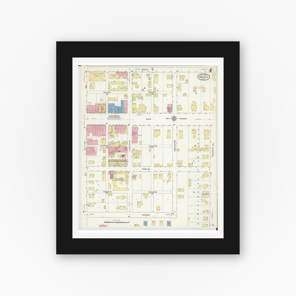 Old map wall art mockup — black gallery frame with white mat — Sanborn Fire Insurance Map from Romeo, Macomb County, Michigan (1913), Sheet #0004