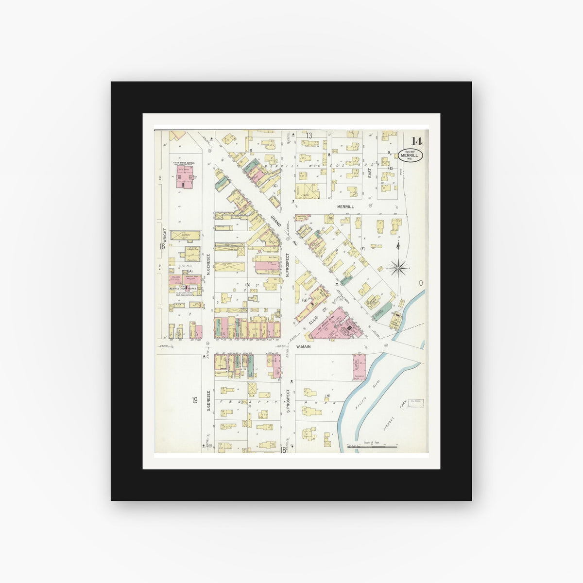 Old map wall art mockup — black gallery frame with white mat — Sanborn Fire Insurance Map from Merrill, Lincoln County, Wisconsin (1907), Sheet #0014