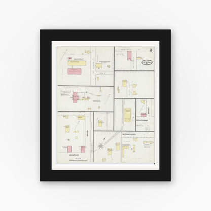 Old map wall art mockup — black gallery frame with white mat — Sanborn Fire Insurance Map from Oxford, Granville County, North Carolina (1892), Sheet #0005