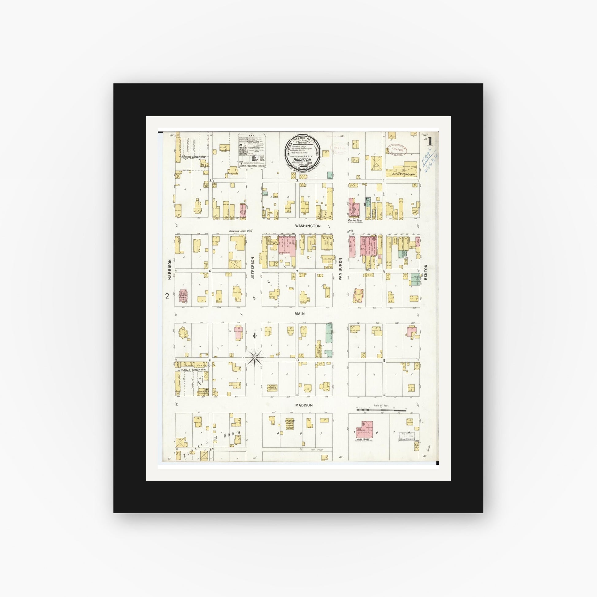Old map wall art mockup — black gallery frame with white mat — Sanborn Fire Insurance Map from Brighton, Washington County, Iowa (1899) â€” Complete Set