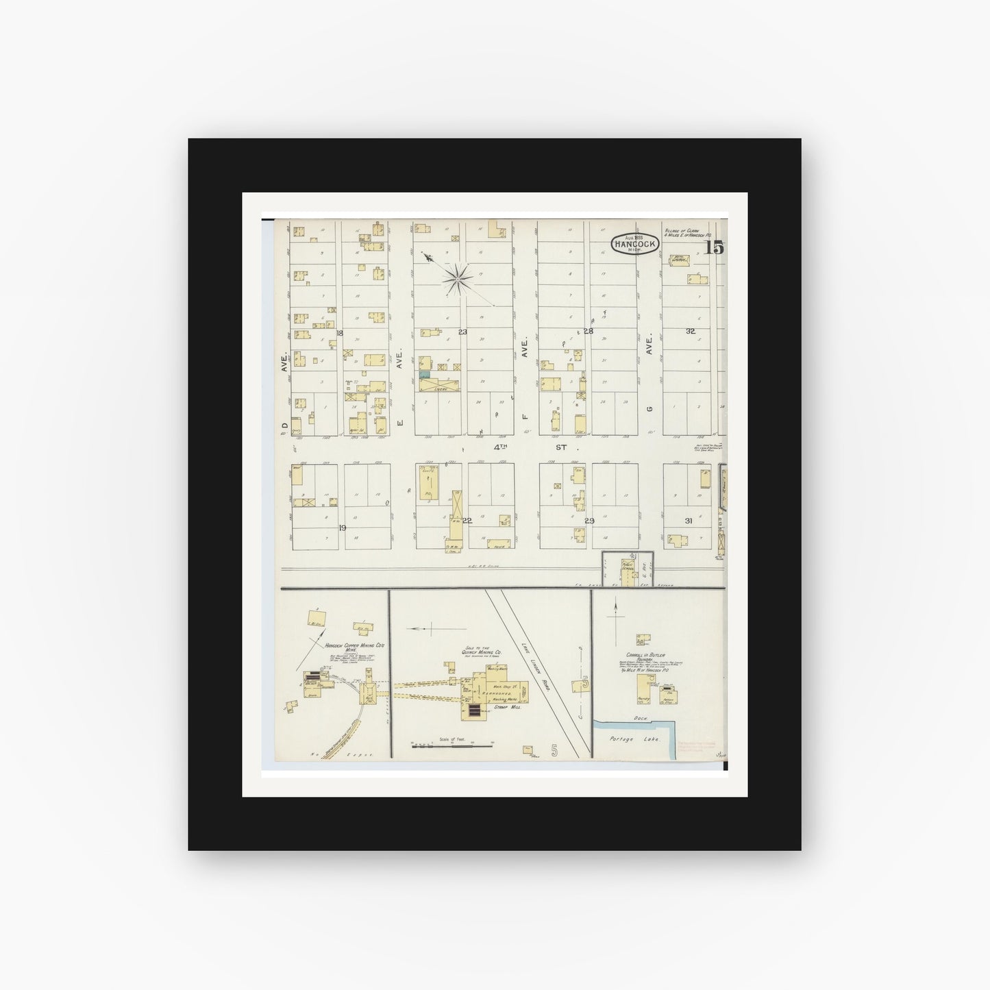 Old map wall art mockup — black gallery frame with white mat — Sanborn Fire Insurance Map from Houghton, Houghton County, Michigan (1893), Sheet #0015