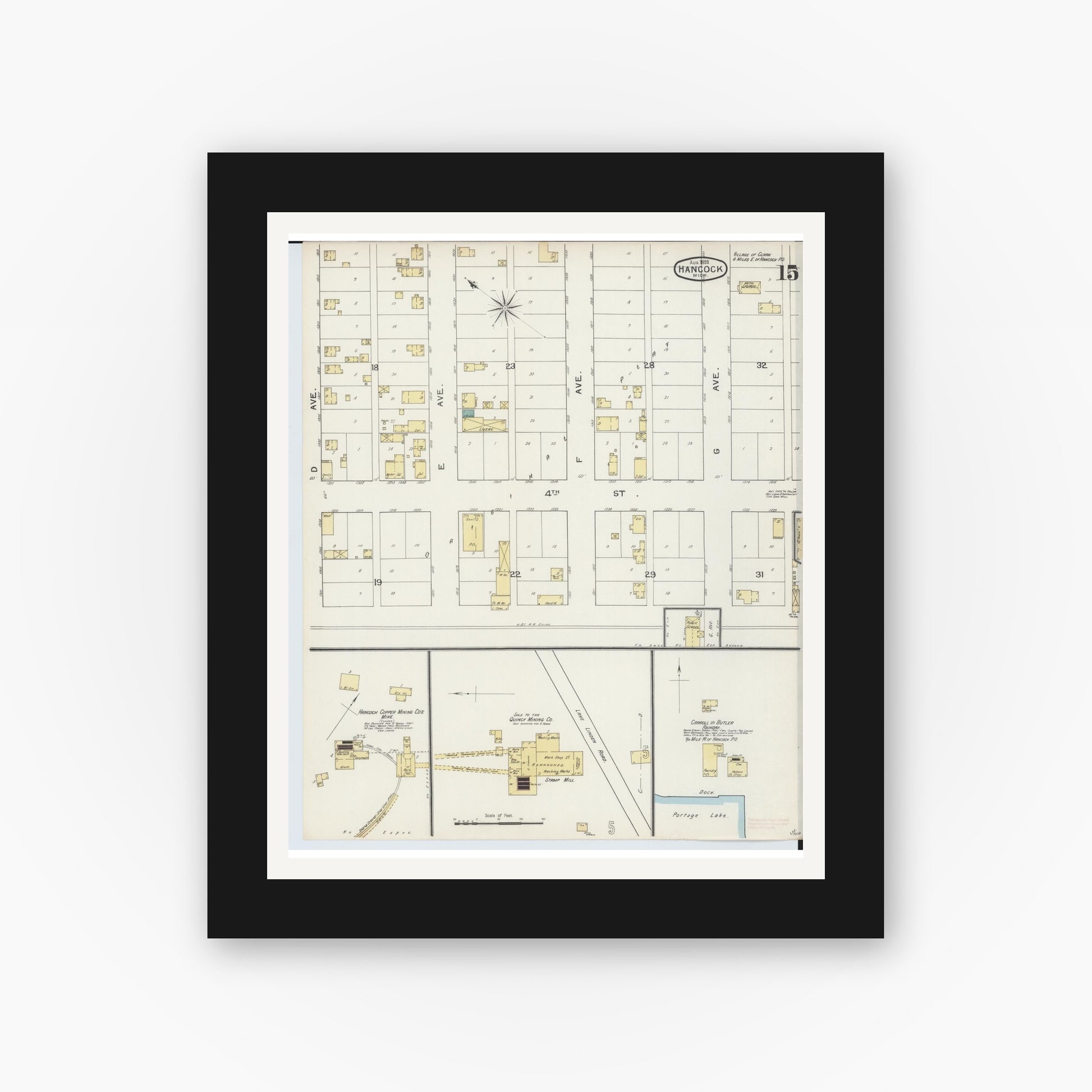 Old map wall art mockup — black gallery frame with white mat — Sanborn Fire Insurance Map from Houghton, Houghton County, Michigan (1893), Sheet #0015
