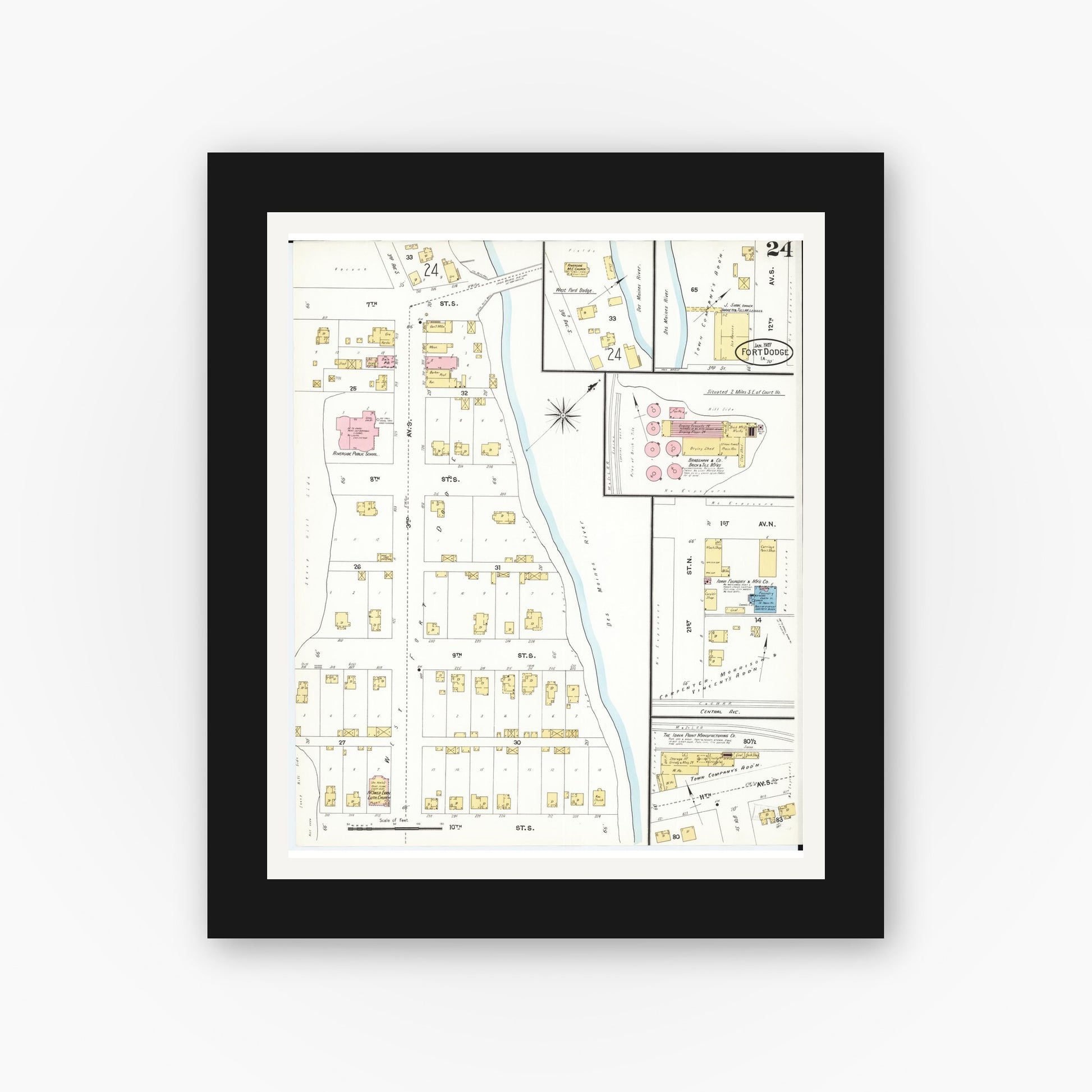 Old map wall art mockup — black gallery frame with white mat — Sanborn Fire Insurance Map from Fort Dodge, Webster County, Iowa (1907), Sheet #0024