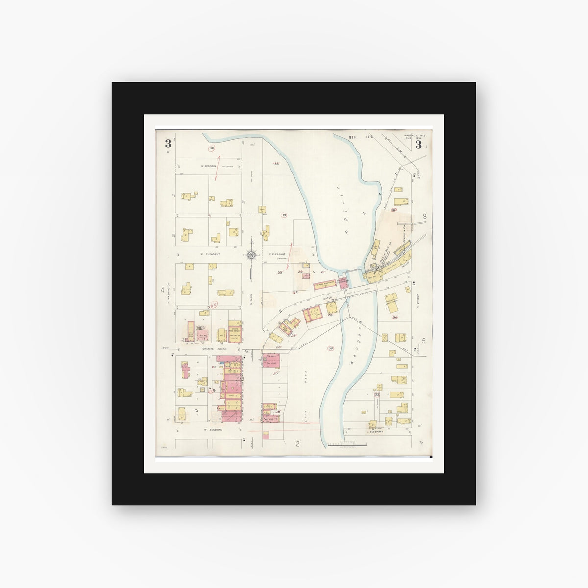 Old map wall art mockup — black gallery frame with white mat — Sanborn Fire Insurance Map from Waupaca, Waupaca County, Wisconsin (1941), Sheet #0003