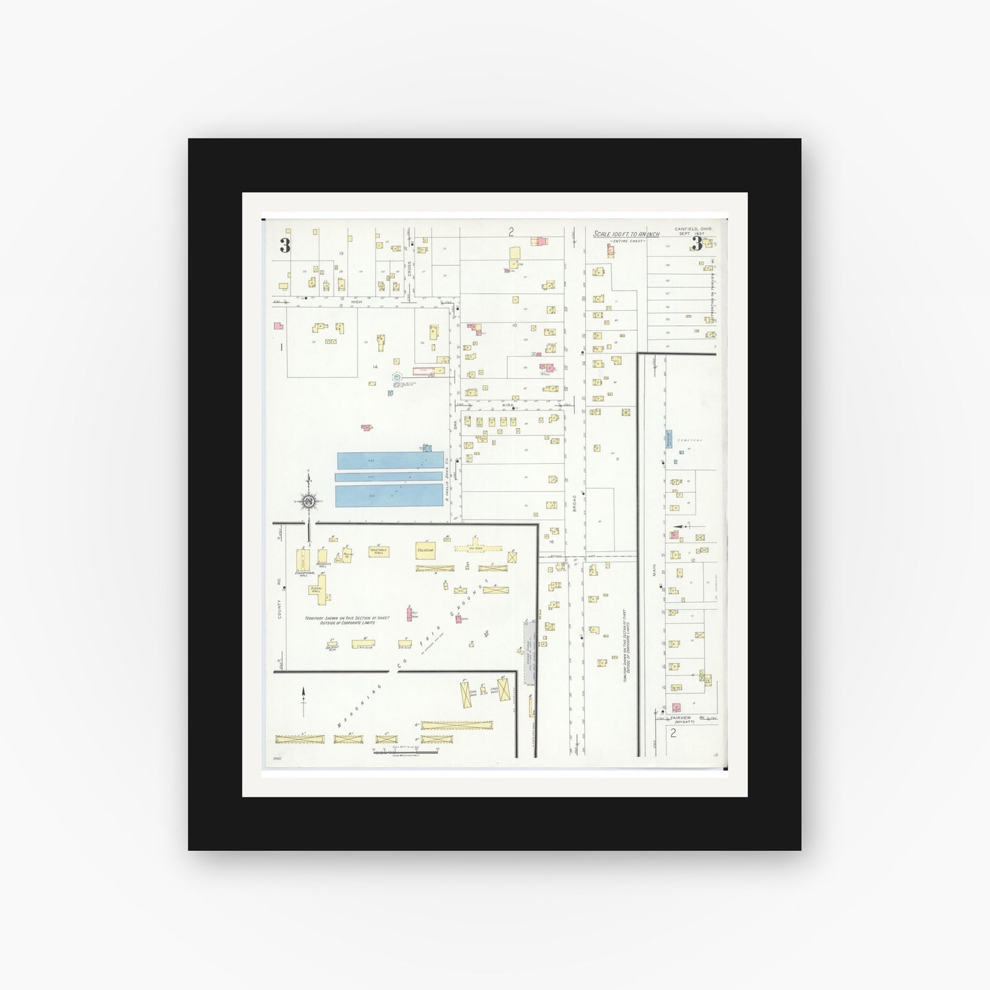 Old map wall art mockup — black gallery frame with white mat — Sanborn Fire Insurance Map from Canfield, Mahoning County, Ohio (1937), Sheet #0003