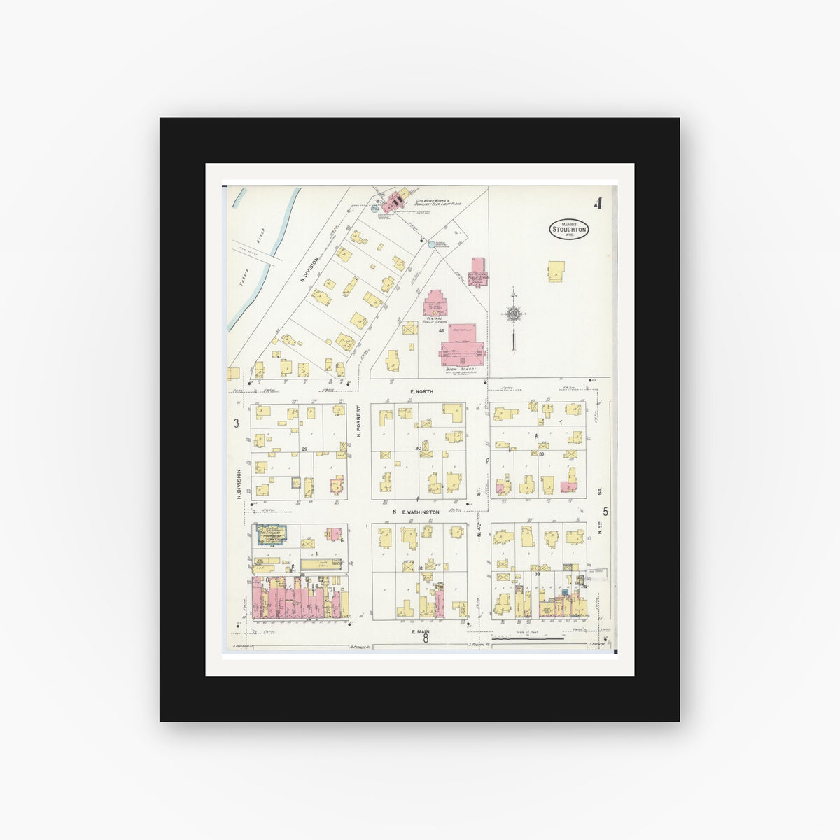 Old map wall art mockup — black gallery frame with white mat — Sanborn Fire Insurance Map from Stoughton, Dane County, Wisconsin (1912), Sheet #0004