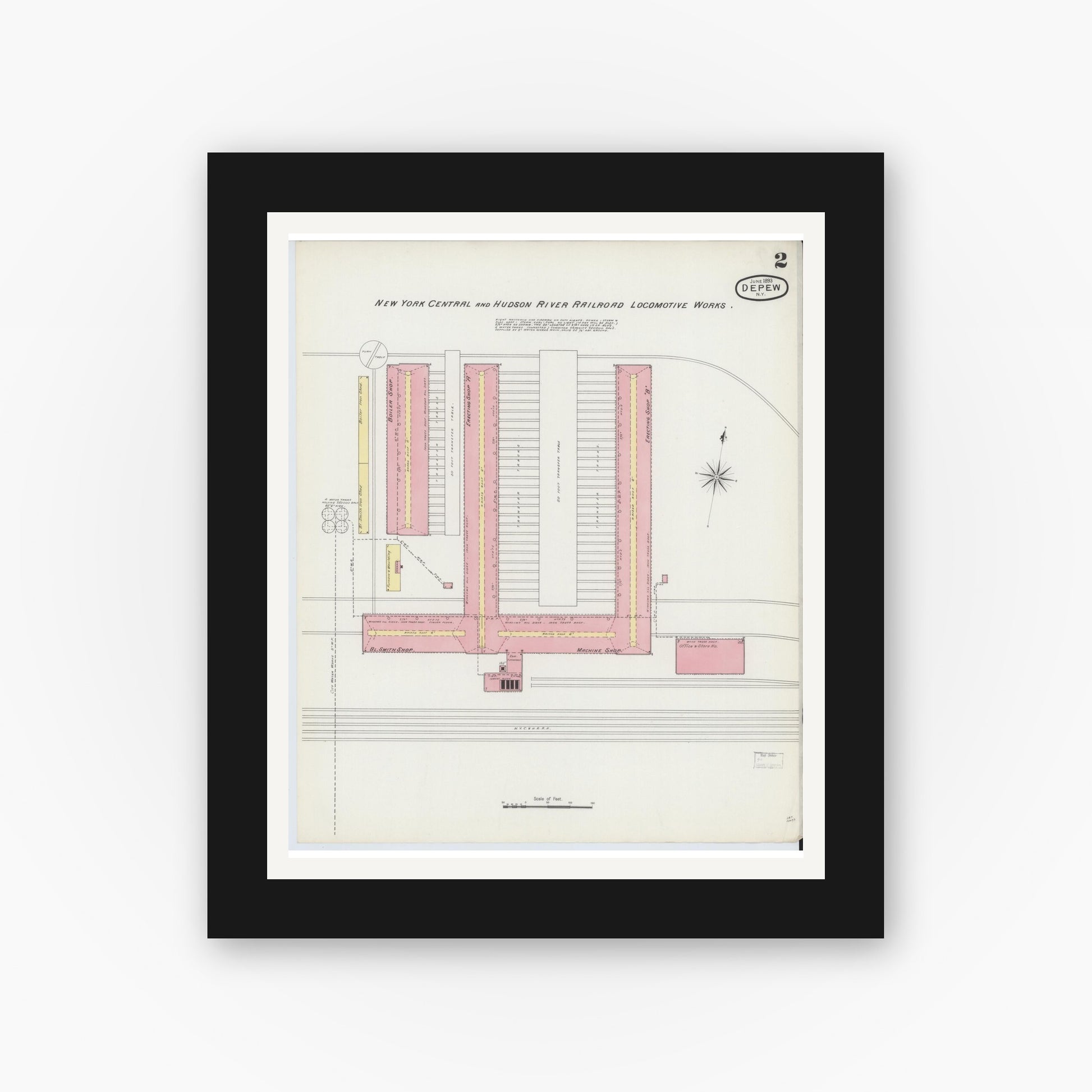 Old map wall art mockup — black gallery frame with white mat — Sanborn Fire Insurance Map from Depew, Erie County, New York (1893), Sheet #0002