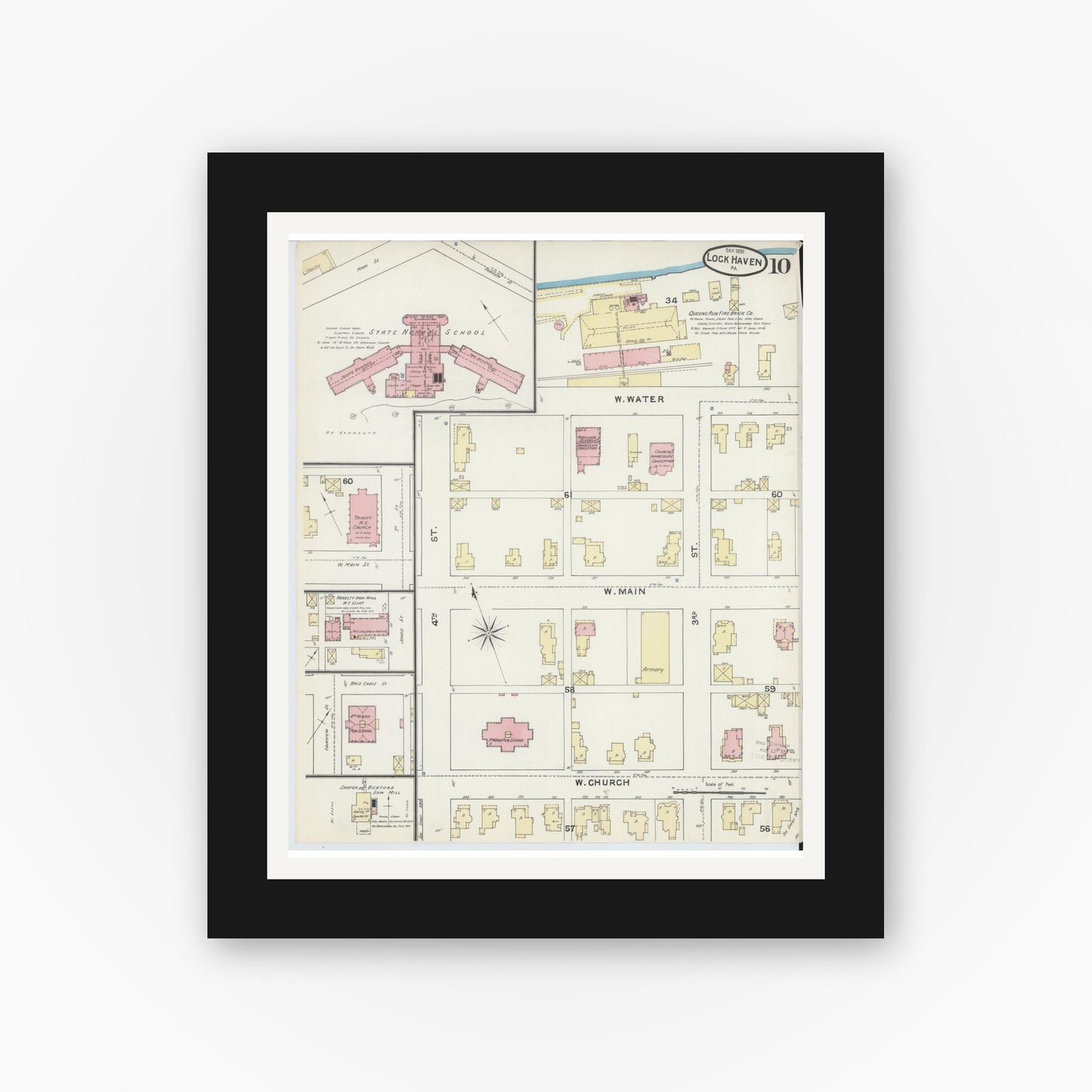 Old map wall art mockup — black gallery frame with white mat — Sanborn Fire Insurance Map from Lock Haven, Clinton County, Pennsylvania (1891), Sheet #0010