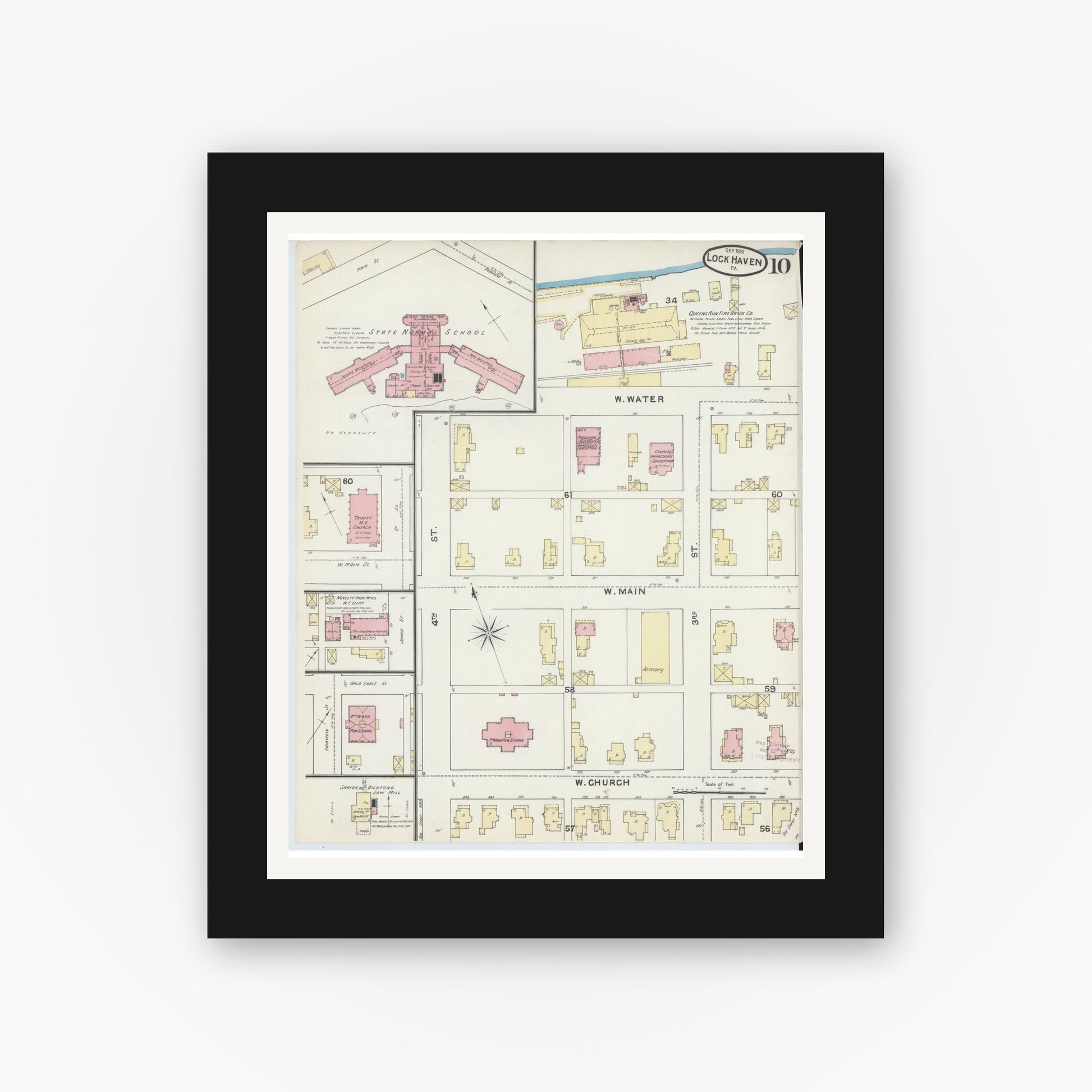Old map wall art mockup — black gallery frame with white mat — Sanborn Fire Insurance Map from Lock Haven, Clinton County, Pennsylvania (1891), Sheet #0010