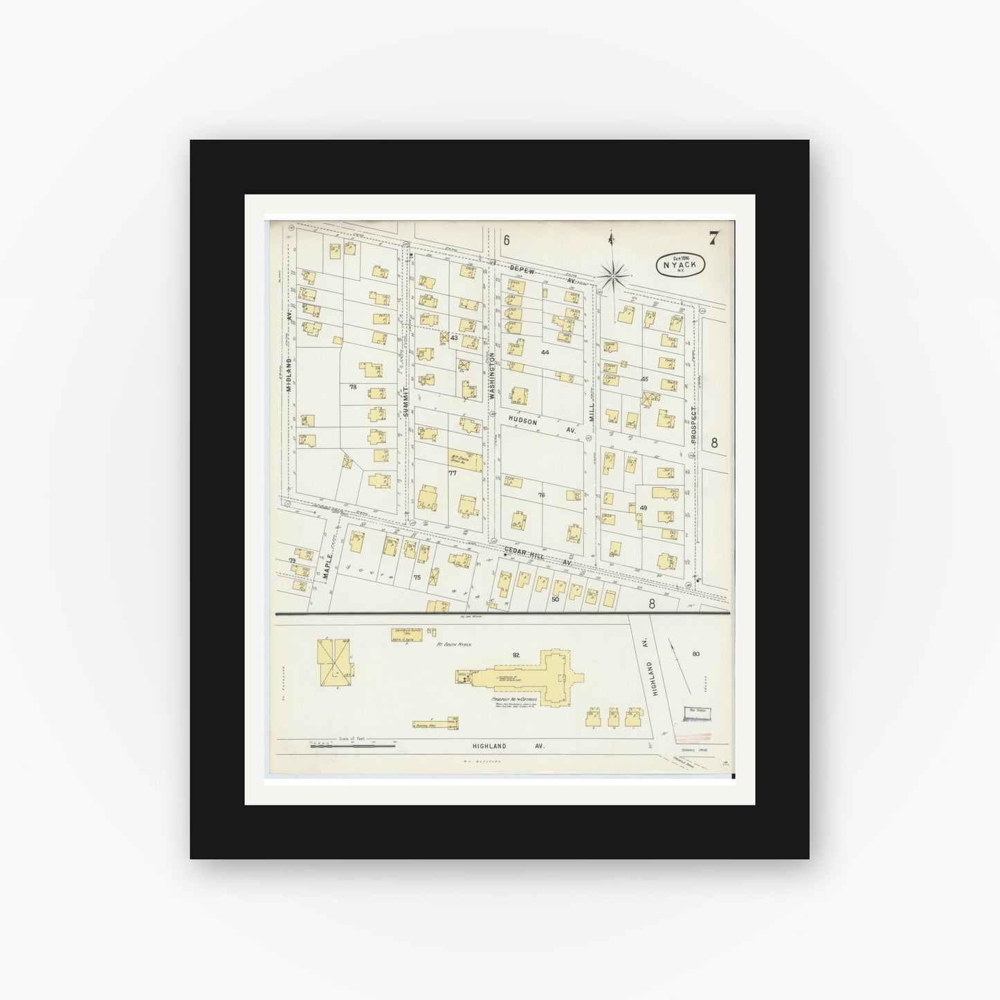 Old map wall art mockup — black gallery frame with white mat — Sanborn Fire Insurance Map from Nyack, Rockland County, New York. (1896), Sheet #0007