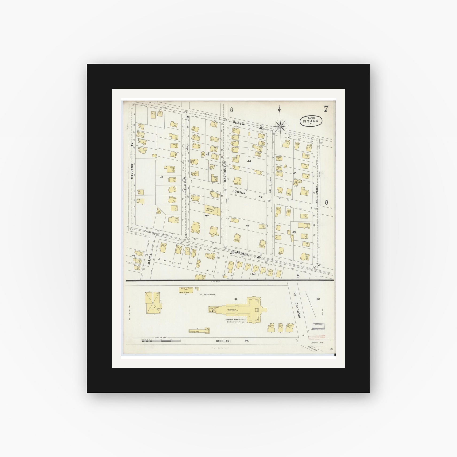 Old map wall art mockup — black gallery frame with white mat — Sanborn Fire Insurance Map from Nyack, Rockland County, New York. (1896), Sheet #0007