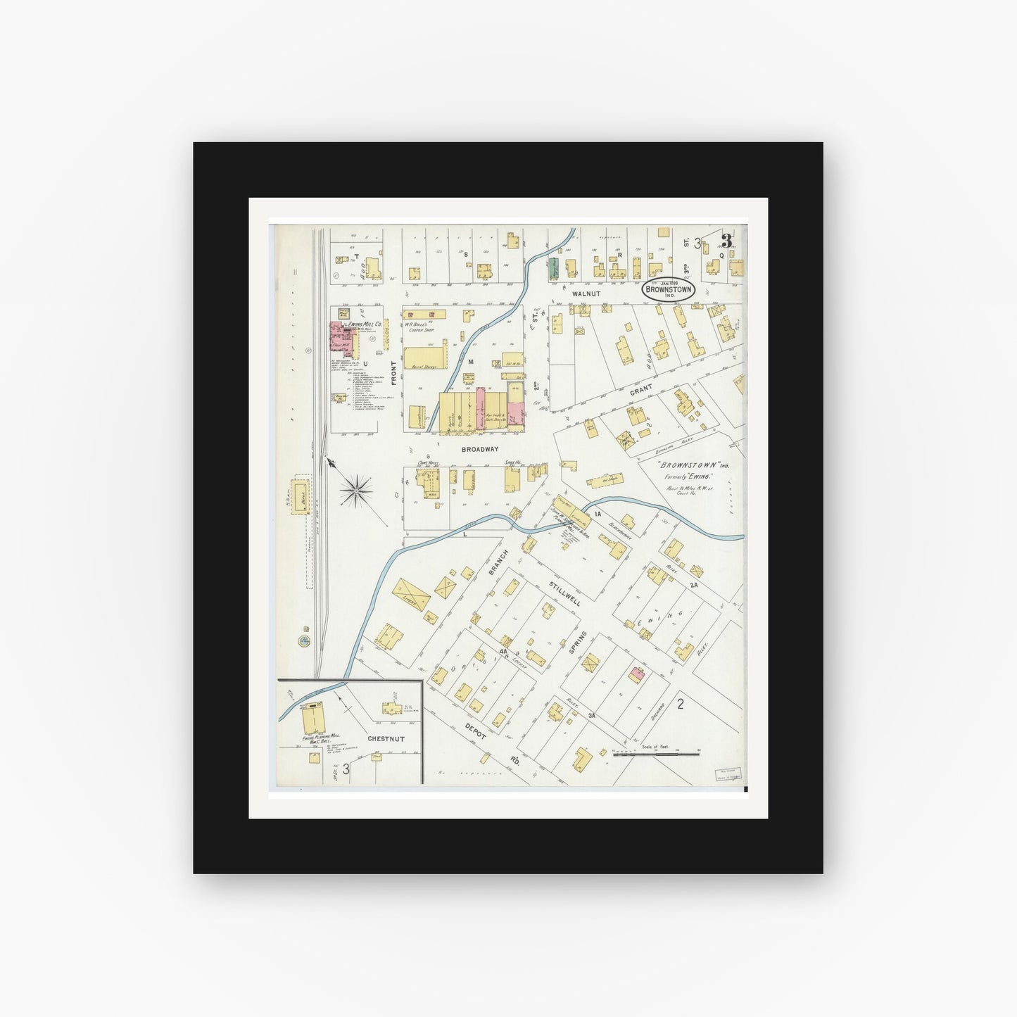 Old map wall art mockup — black gallery frame with white mat — Sanborn Fire Insurance Map from Brownstown, Jackson County, Indiana (1899), Sheet #0003