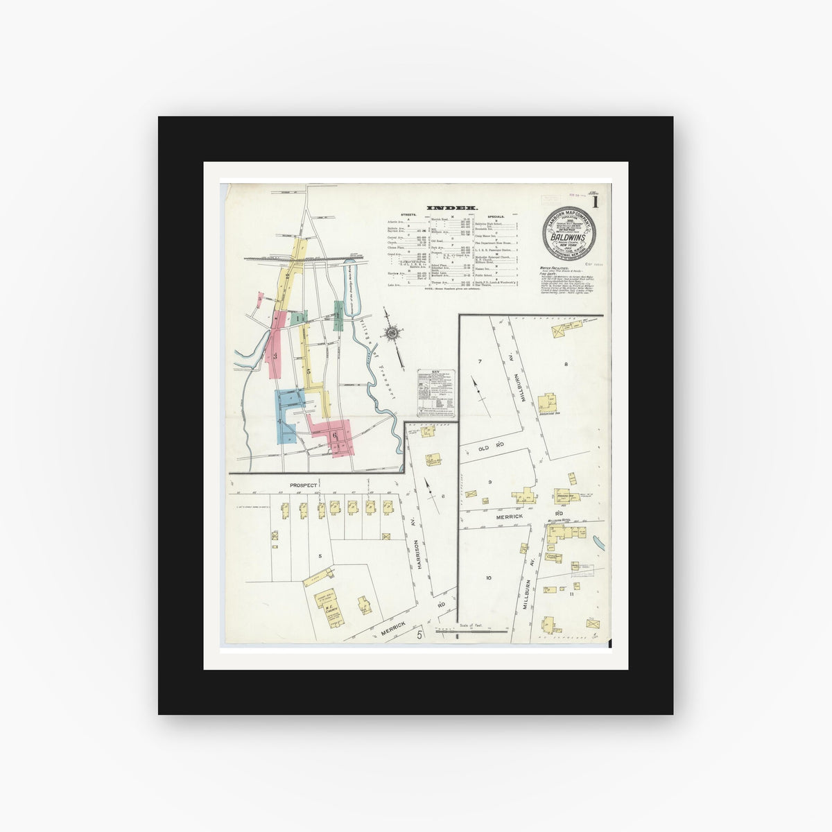 Old map wall art mockup — black gallery frame with white mat — Sanborn Fire Insurance Map from Baldwin, Nassau County, New York (1910) - Complete Map Set