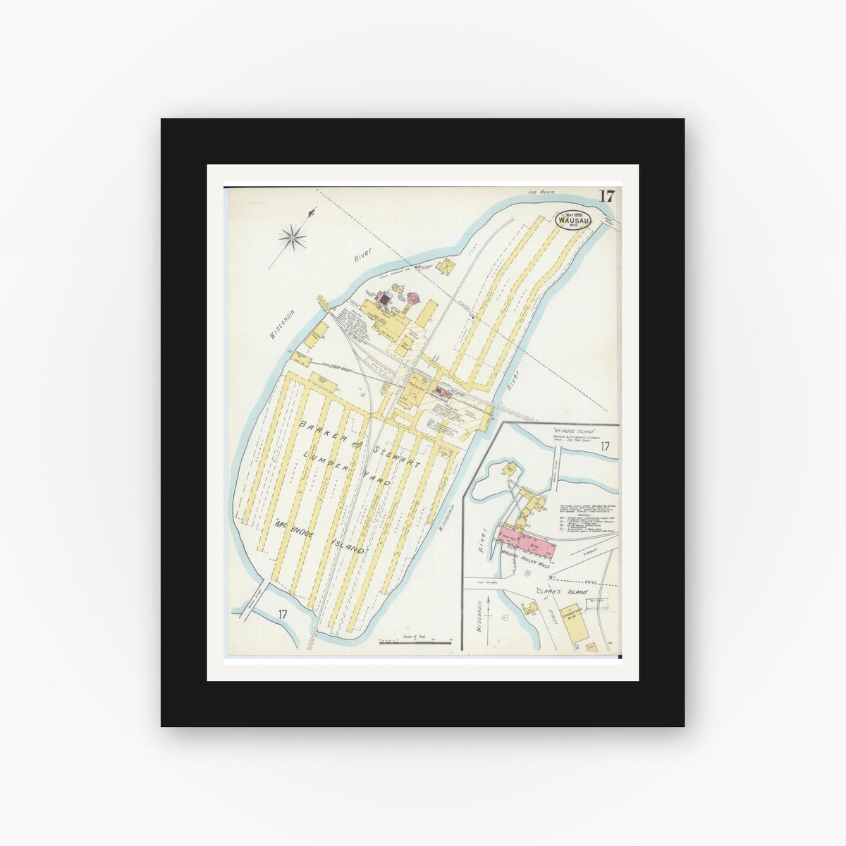Old map wall art mockup — black gallery frame with white mat — Sanborn Fire Insurance Map from Wausau, Marathon County, Wisconsin (1898), Sheet #0017
