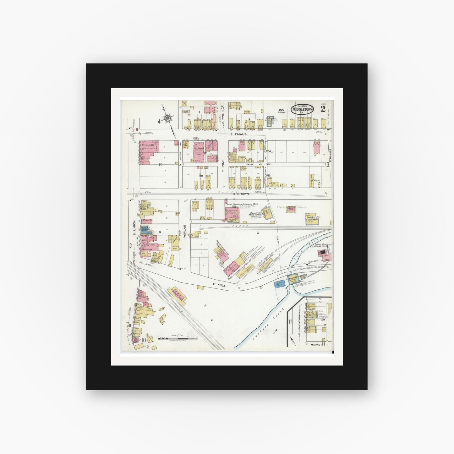 Old map wall art mockup — black gallery frame with white mat — Sanborn Fire Insurance Map from Middletown, Dauphin County, Pennsylvania (1920), Sheet #0002