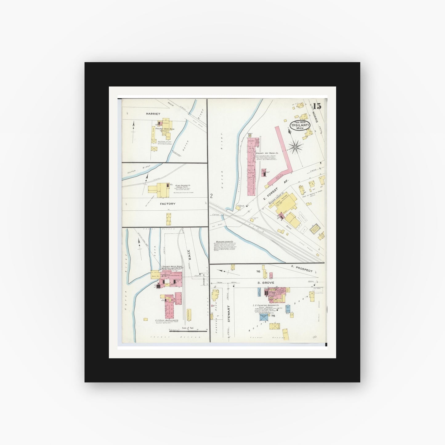 Old map wall art mockup — black gallery frame with white mat — Sanborn Fire Insurance Map from Ypsilanti, Washtenaw County, Michigan (1909), Sheet #0015