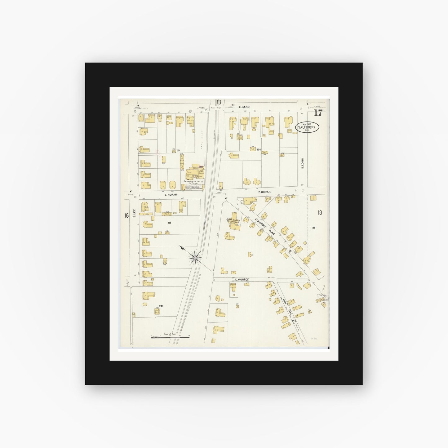 Old map wall art mockup — black gallery frame with white mat — Sanborn Fire Insurance Map from Salisbury, Rowan County, North Carolina (1907), Sheet #0017