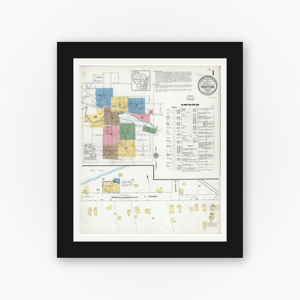 Old map wall art mockup — black gallery frame with white mat — Sanborn Fire Insurance Map from Hartford, Washington County, Wisconsin (1918) - Complete Map Set