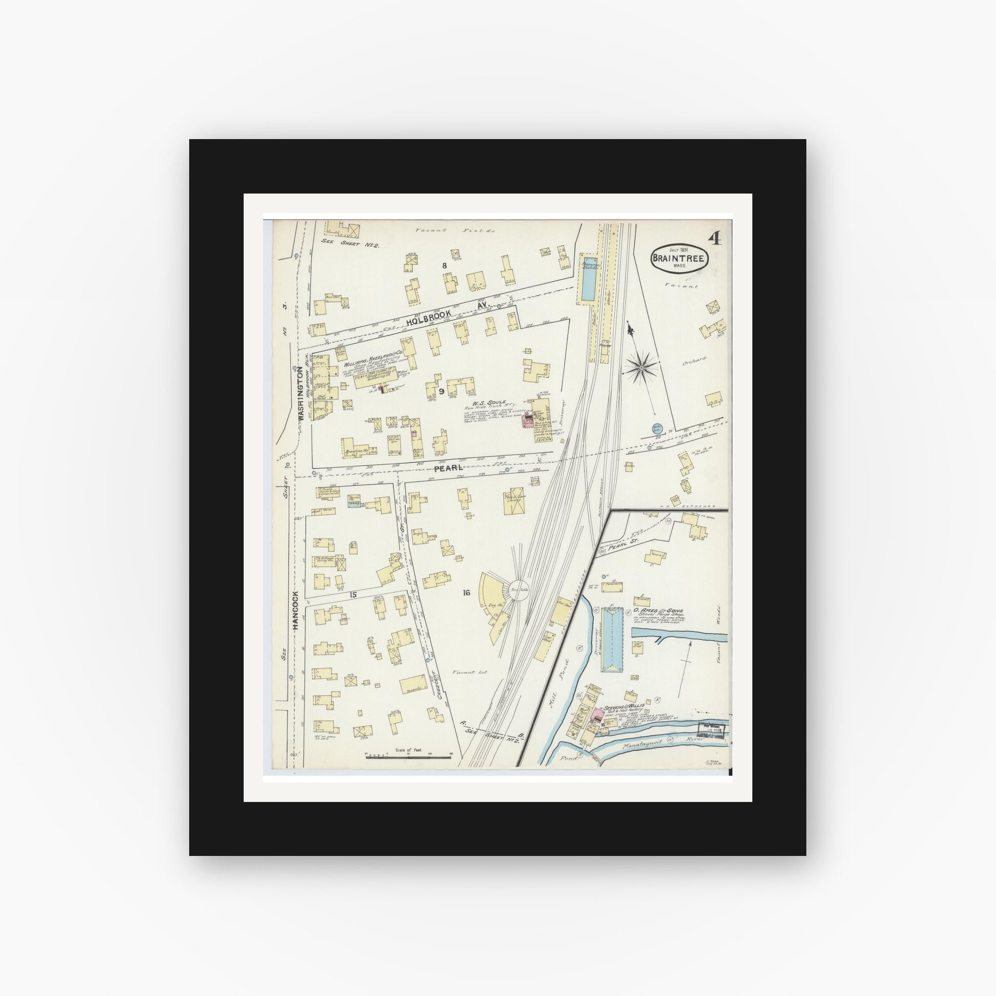 Old map wall art mockup — black gallery frame with white mat — Sanborn Fire Insurance Map from Braintree, Norfolk County, Massachusetts (1891), Sheet #0004
