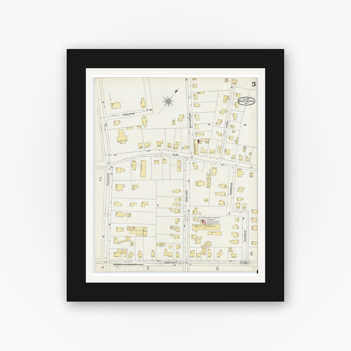 Old map wall art mockup — black gallery frame with white mat — Sanborn Fire Insurance Map from Marlborough, Middlesex County, Massachusetts (1896), Sheet #0003