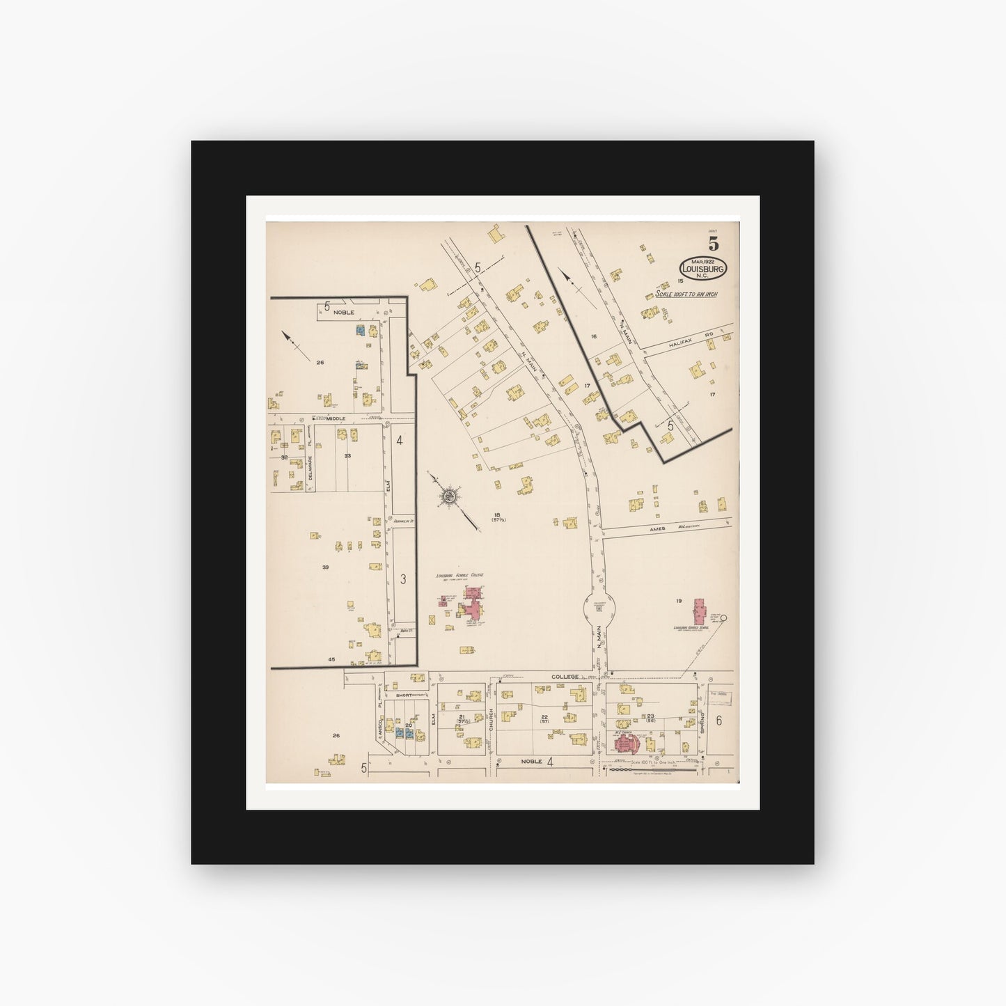Old map wall art mockup — black gallery frame with white mat — Sanborn Fire Insurance Map from Louisburg, Franklin County, North Carolina (1922), Sheet #0005
