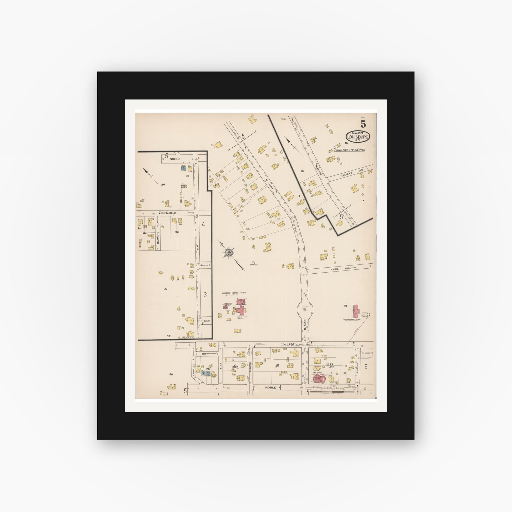 Old map wall art mockup — black gallery frame with white mat — Sanborn Fire Insurance Map from Louisburg, Franklin County, North Carolina (1922), Sheet #0005