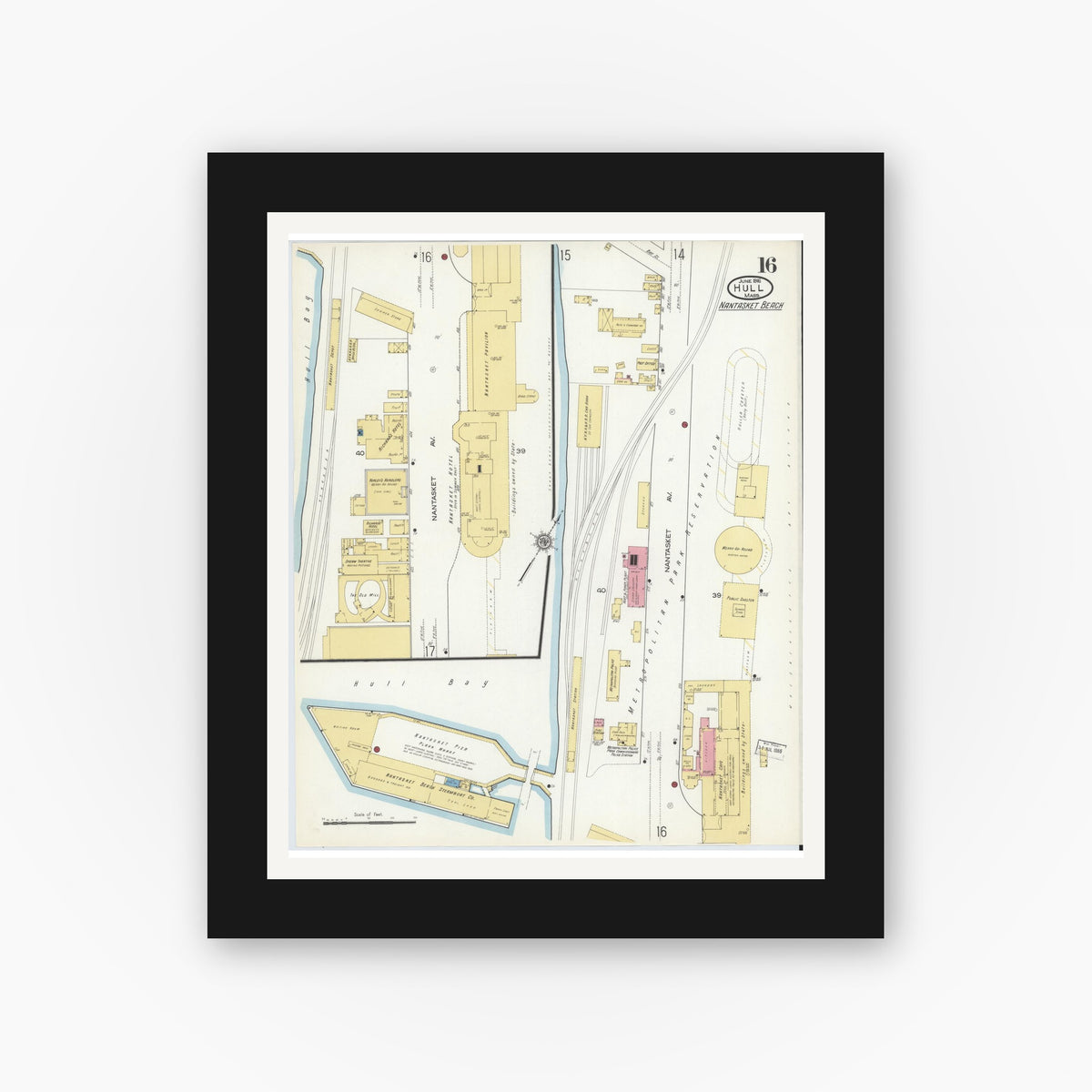 Old map wall art mockup — black gallery frame with white mat — Sanborn Fire Insurance Map from Hull, Plymouth County, Massachusetts (1916), Sheet #0016