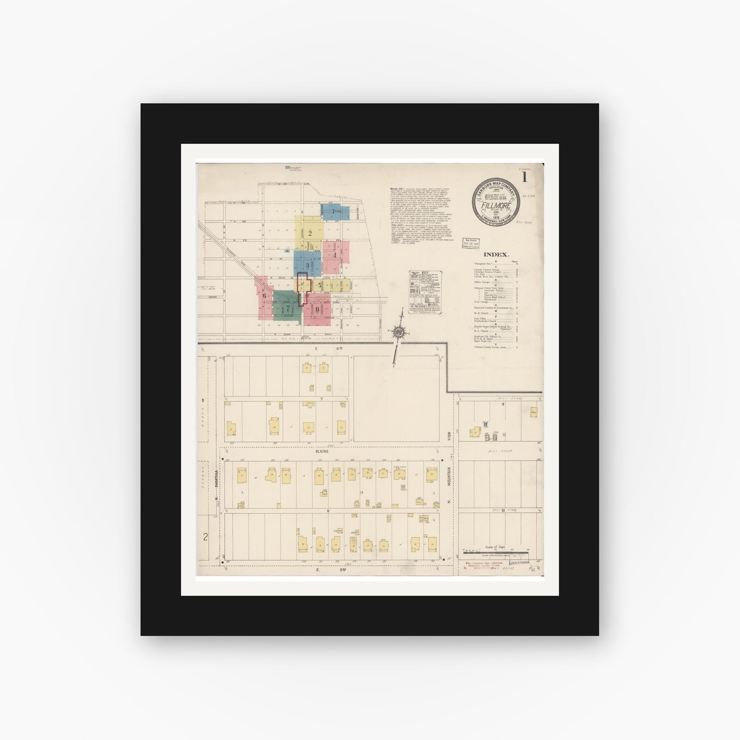 Old map wall art mockup — black gallery frame with white mat — Sanborn Fire Insurance Map from Fillmore, Ventura County, California (1918) - Complete Map Set