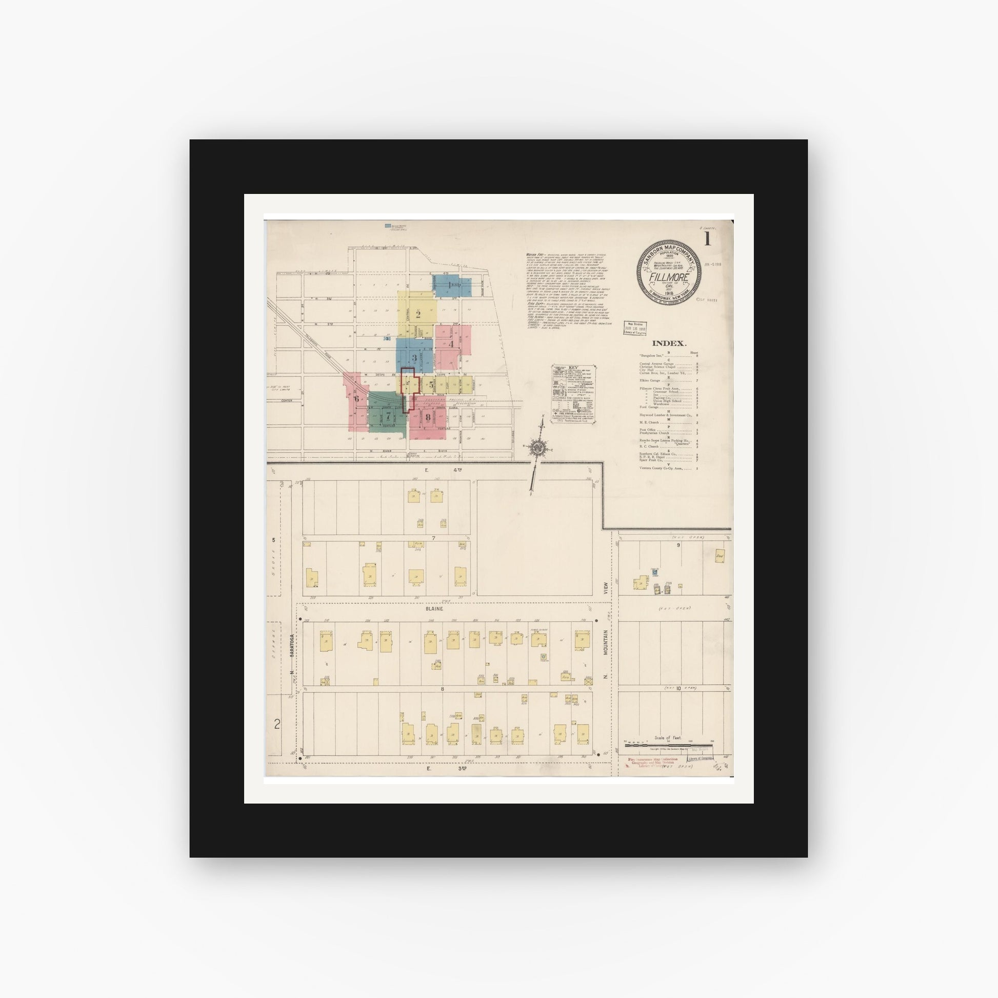 Old map wall art mockup — black gallery frame with white mat — Sanborn Fire Insurance Map from Fillmore, Ventura County, California (1918) - Complete Map Set