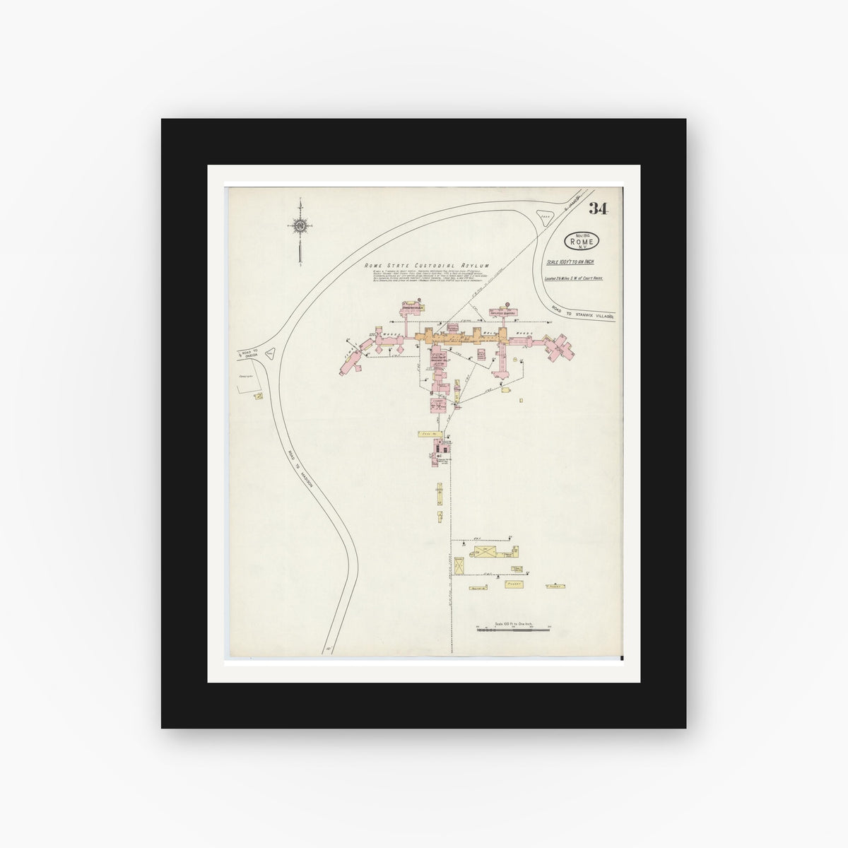 Old map wall art mockup — black gallery frame with white mat — Sanborn Fire Insurance Map from Rome, Oneida County, New York (1914), Sheet #0034