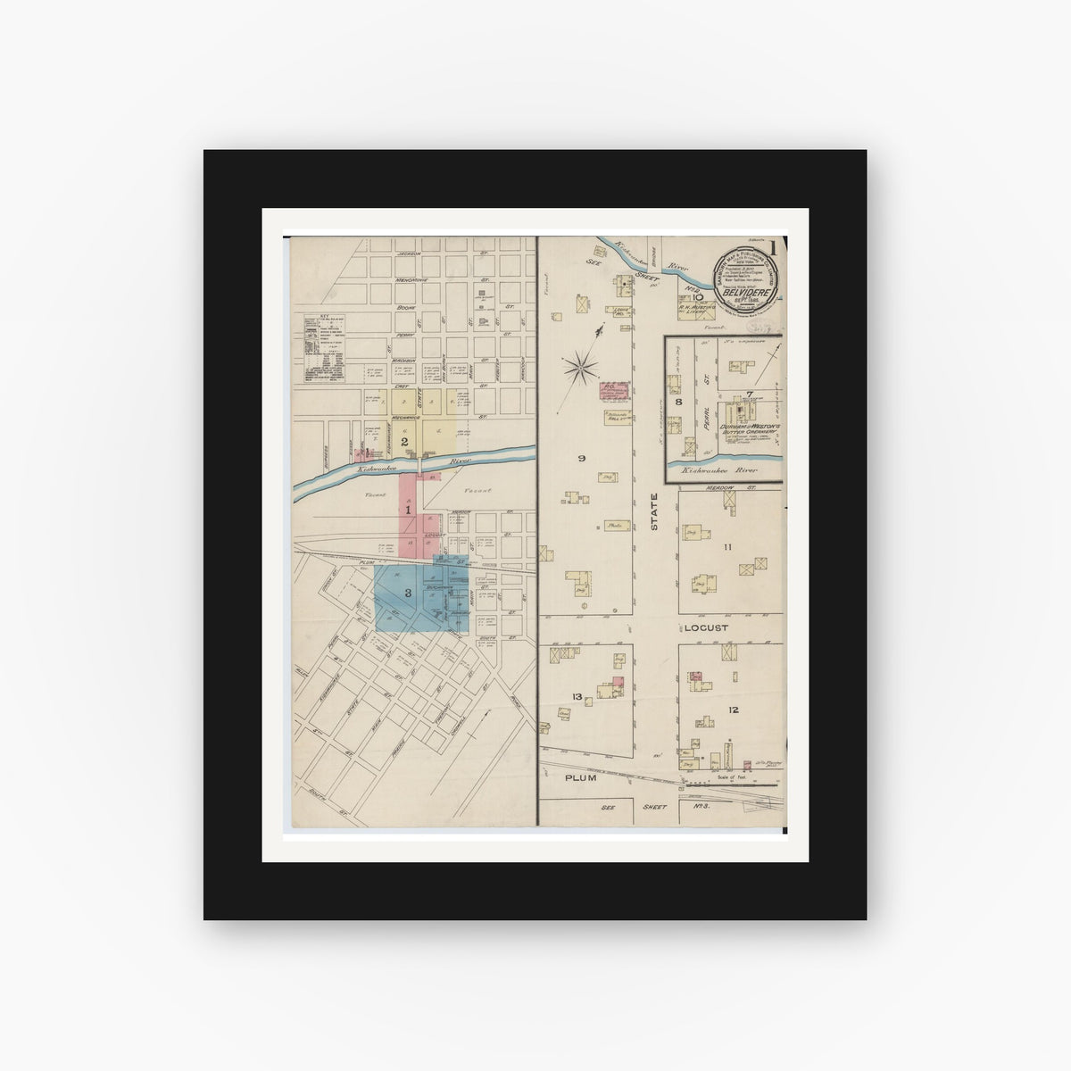 Old map wall art mockup — black gallery frame with white mat — Sanborn Fire Insurance Map from Belvidere, Boone County, Illinois (1885), Sheet #0001