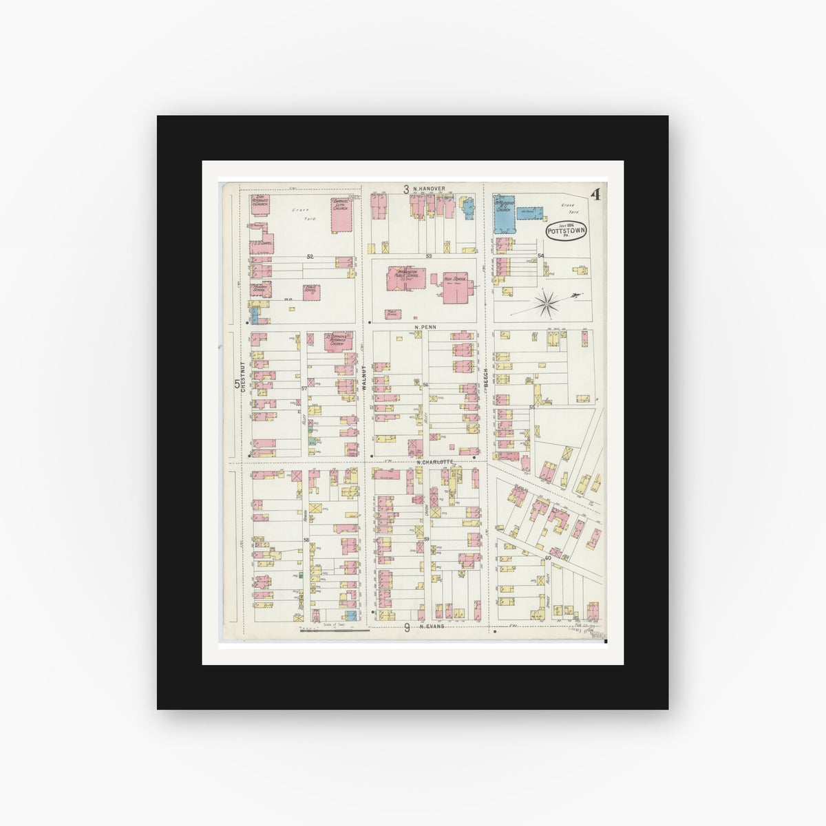Old map wall art mockup — black gallery frame with white mat — Sanborn Fire Insurance Map from Pottstown, Montgomery County, Pennsylvania (1896), Sheet #0004