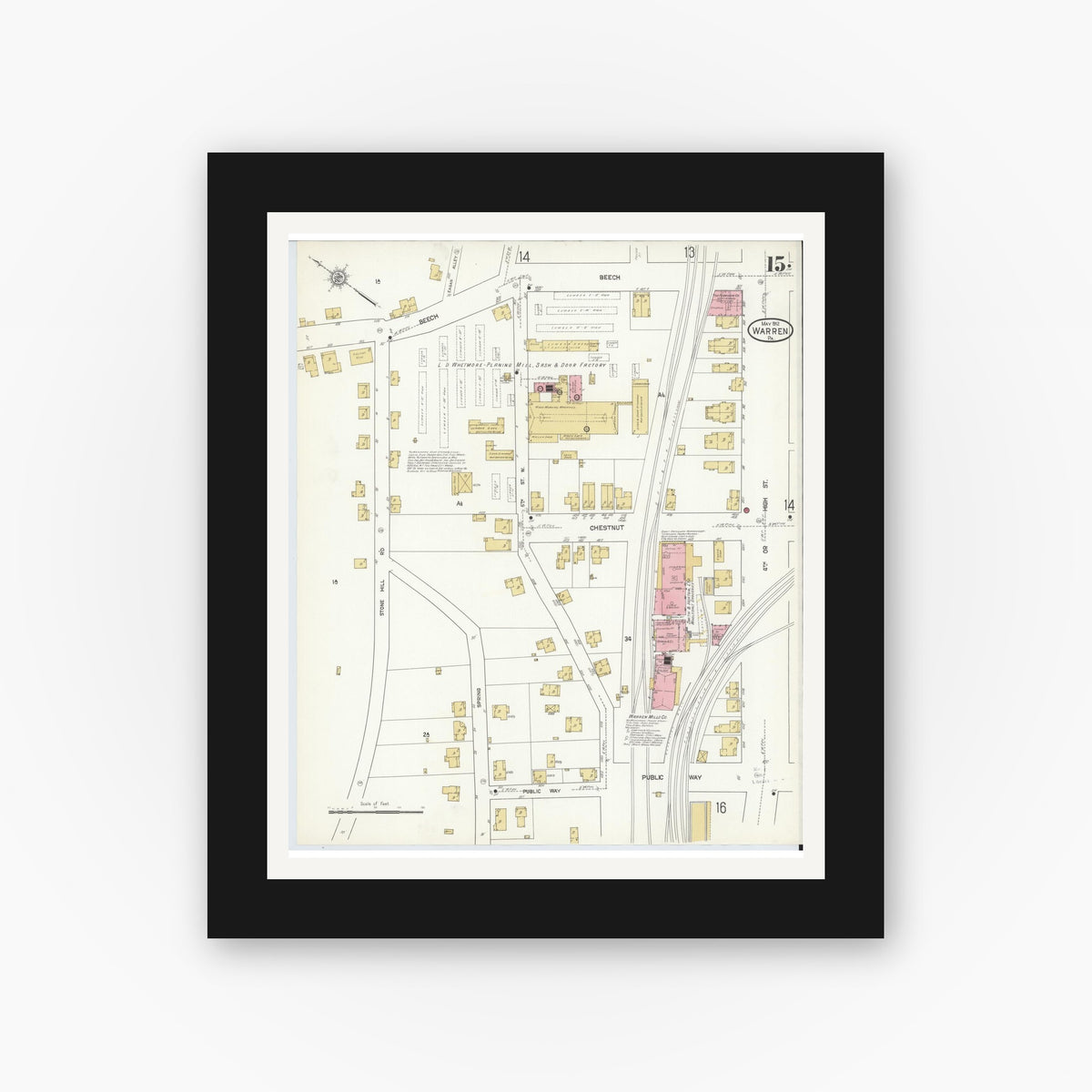 Old map wall art mockup — black gallery frame with white mat — Sanborn Fire Insurance Map from Warren, Warren County, Pennsylvania (1912), Sheet #0015