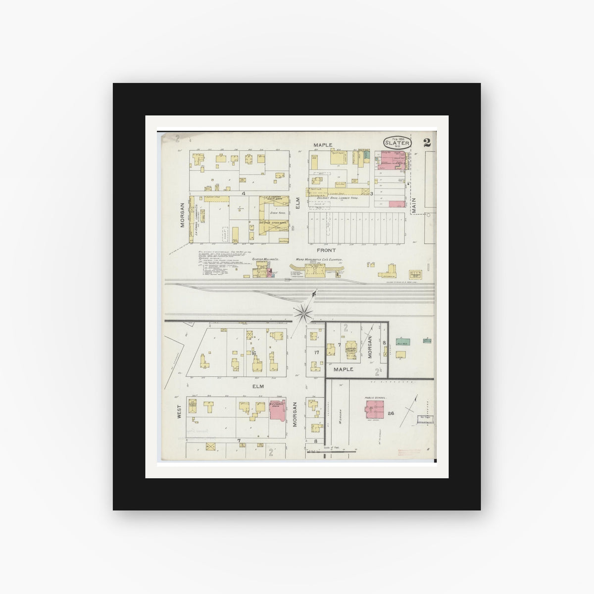 Old map wall art mockup — black gallery frame with white mat — Sanborn Fire Insurance Map from Slater, Saline County, Missouri (1894), Sheet #0002