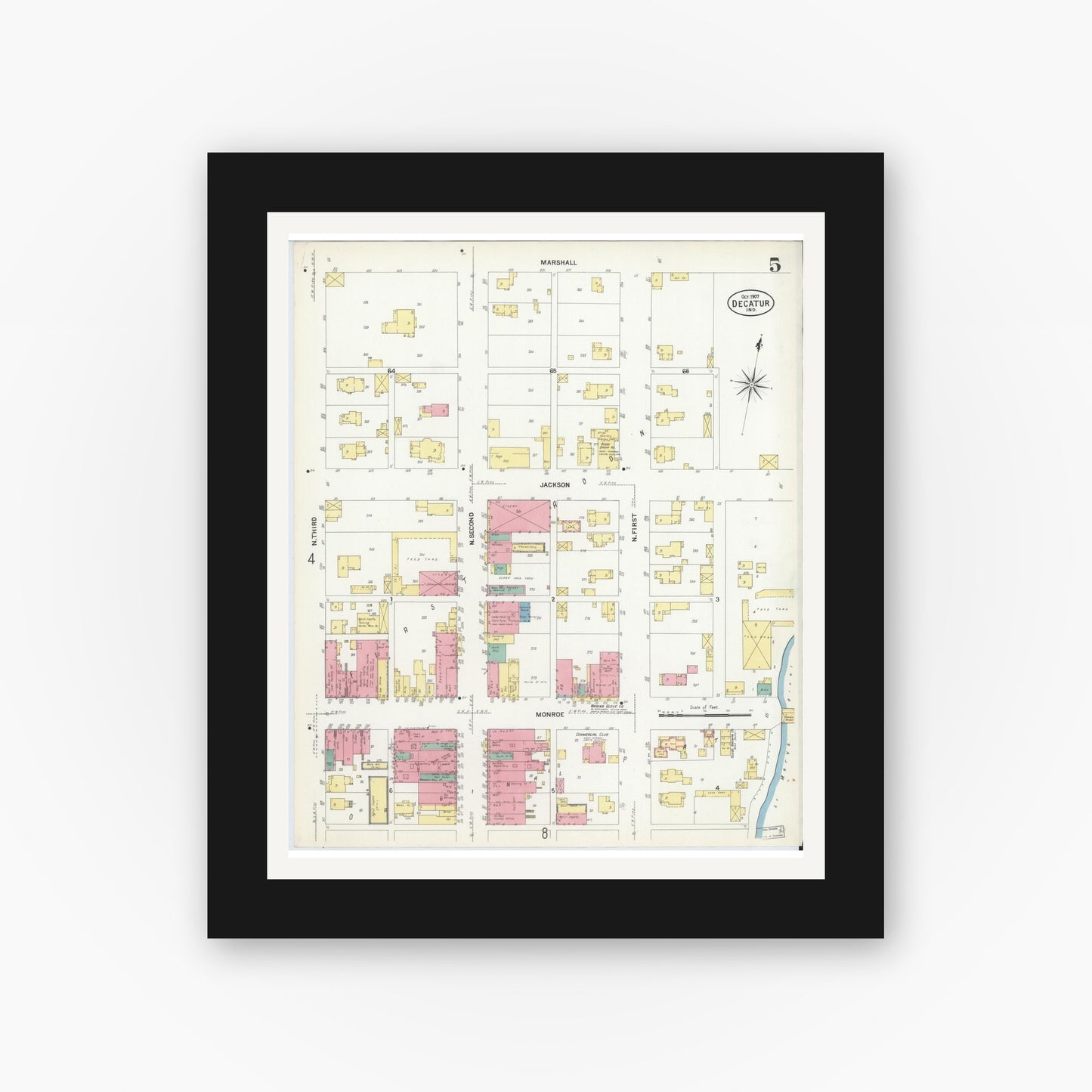 Old map wall art mockup — black gallery frame with white mat — Sanborn Fire Insurance Map from Decatur, Adams County, Indiana (1907), Sheet #0005