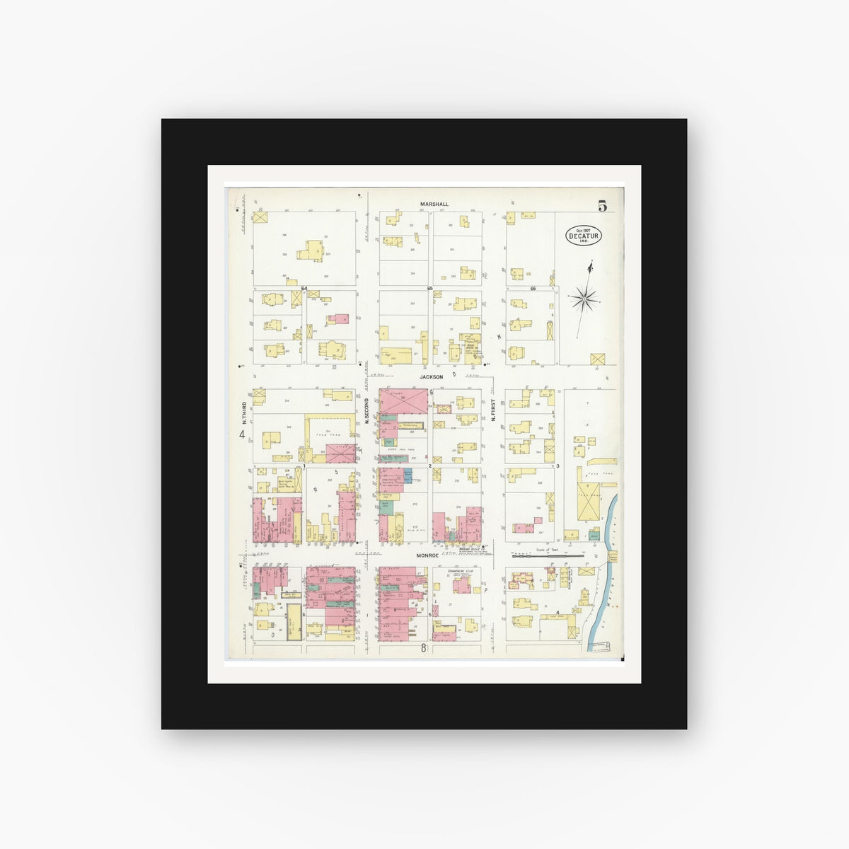 Old map wall art mockup — black gallery frame with white mat — Sanborn Fire Insurance Map from Decatur, Adams County, Indiana (1907), Sheet #0005