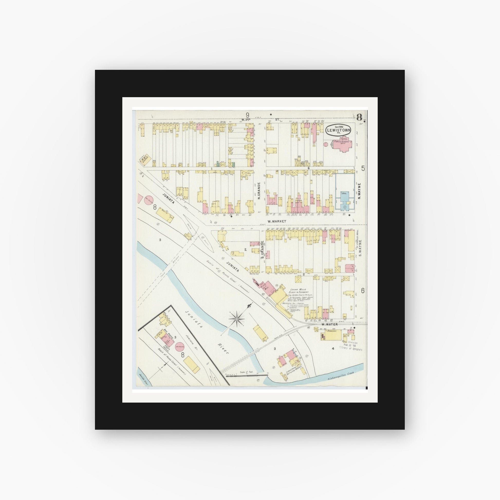 Old map wall art mockup — black gallery frame with white mat — Sanborn Fire Insurance Map from Lewistown, Mifflin County, Pennsylvania (1896), Sheet #0008