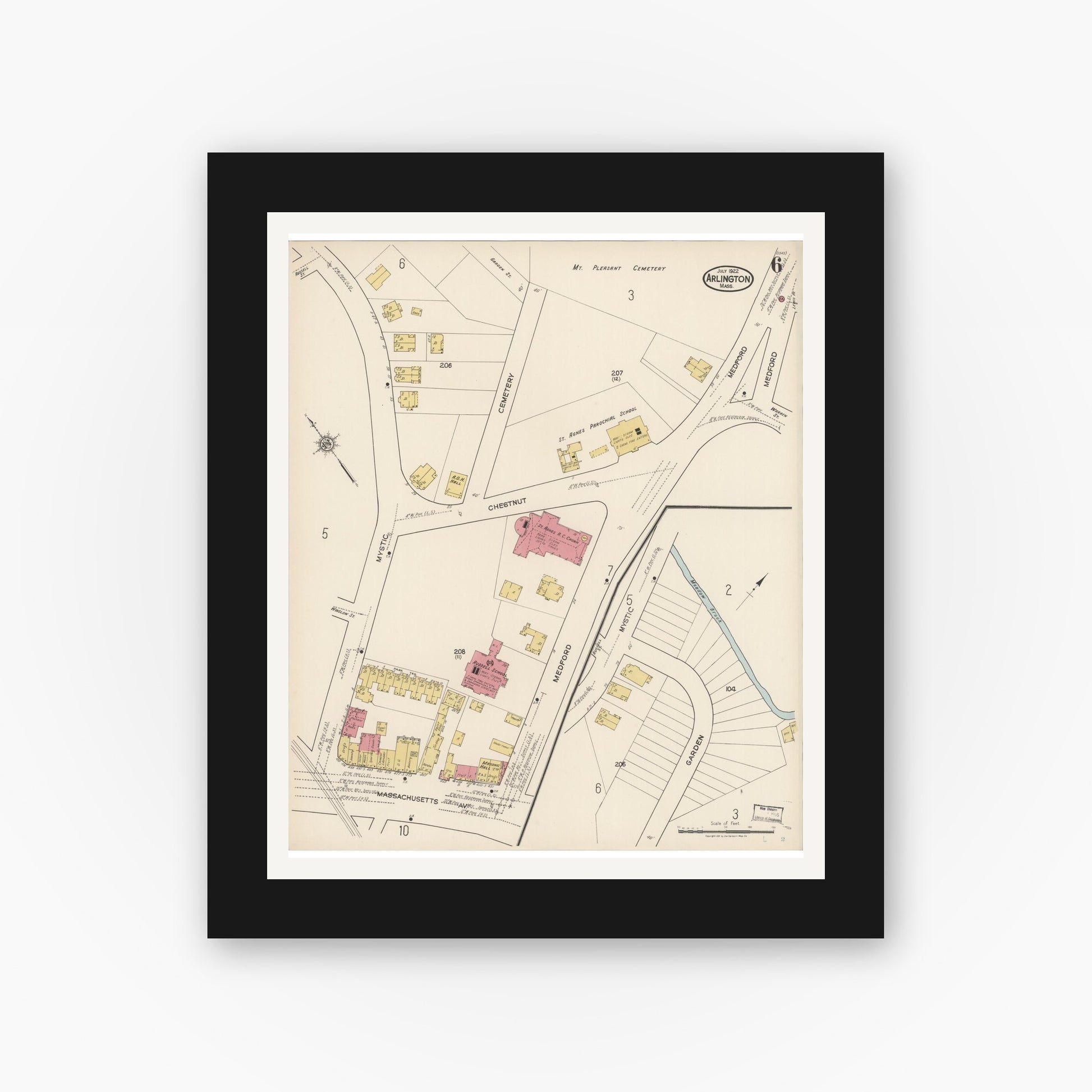Old map wall art mockup — black gallery frame with white mat — Sanborn Fire Insurance Map from Arlington, Middlesex County, Massachusetts (1922), Sheet #0006