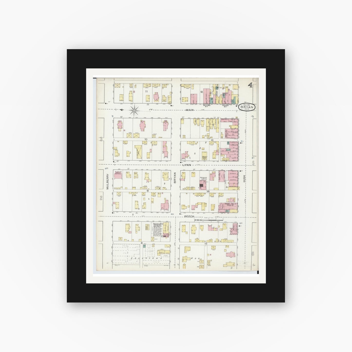 Old map wall art mockup — black gallery frame with white mat — Sanborn Fire Insurance Map from Bryan, Williams County, Ohio (1893), Sheet #0004