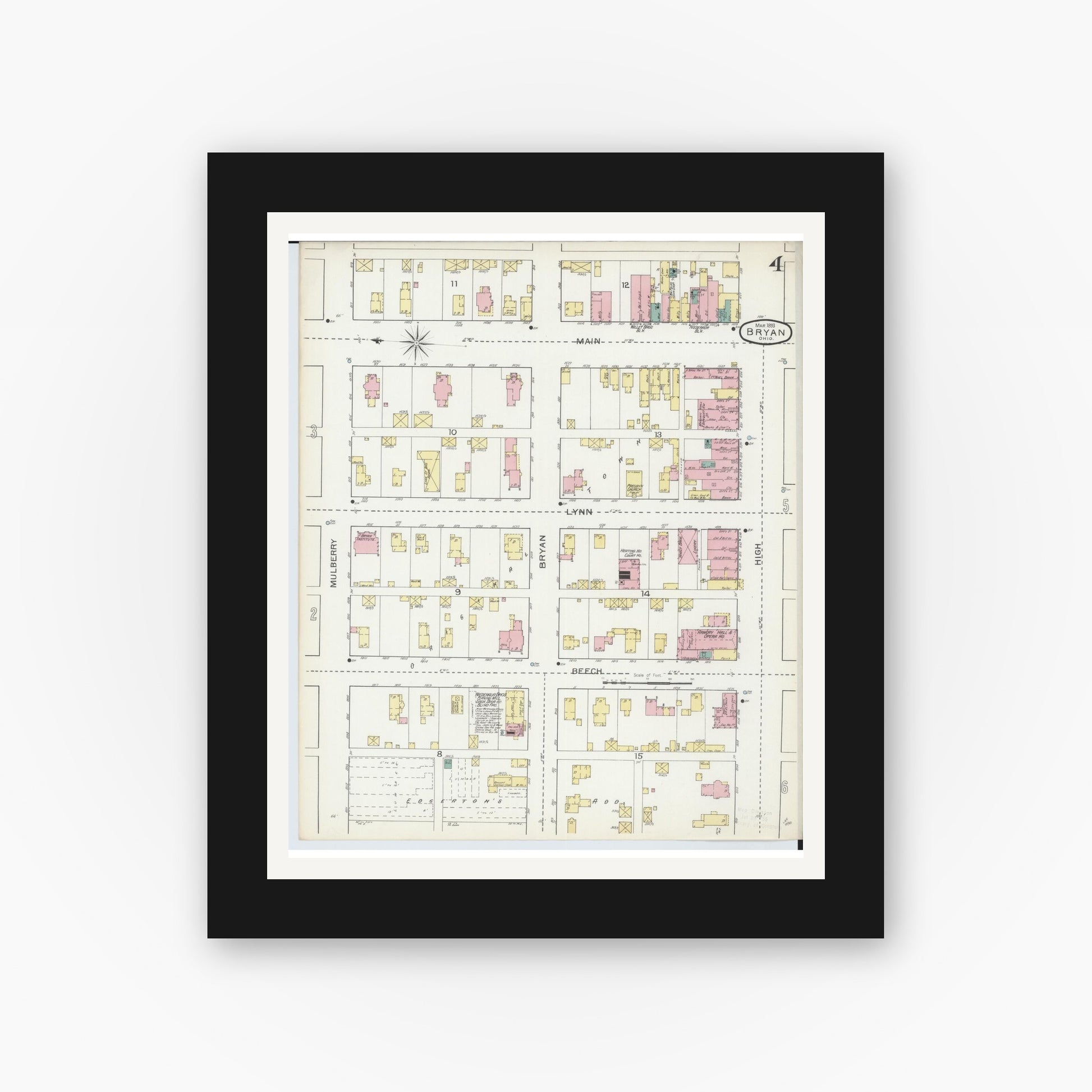 Old map wall art mockup — black gallery frame with white mat — Sanborn Fire Insurance Map from Bryan, Williams County, Ohio (1893), Sheet #0004